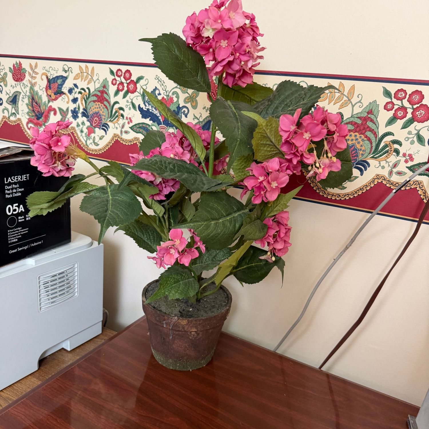 Pink hydrangea arrangement in pot, 26"H