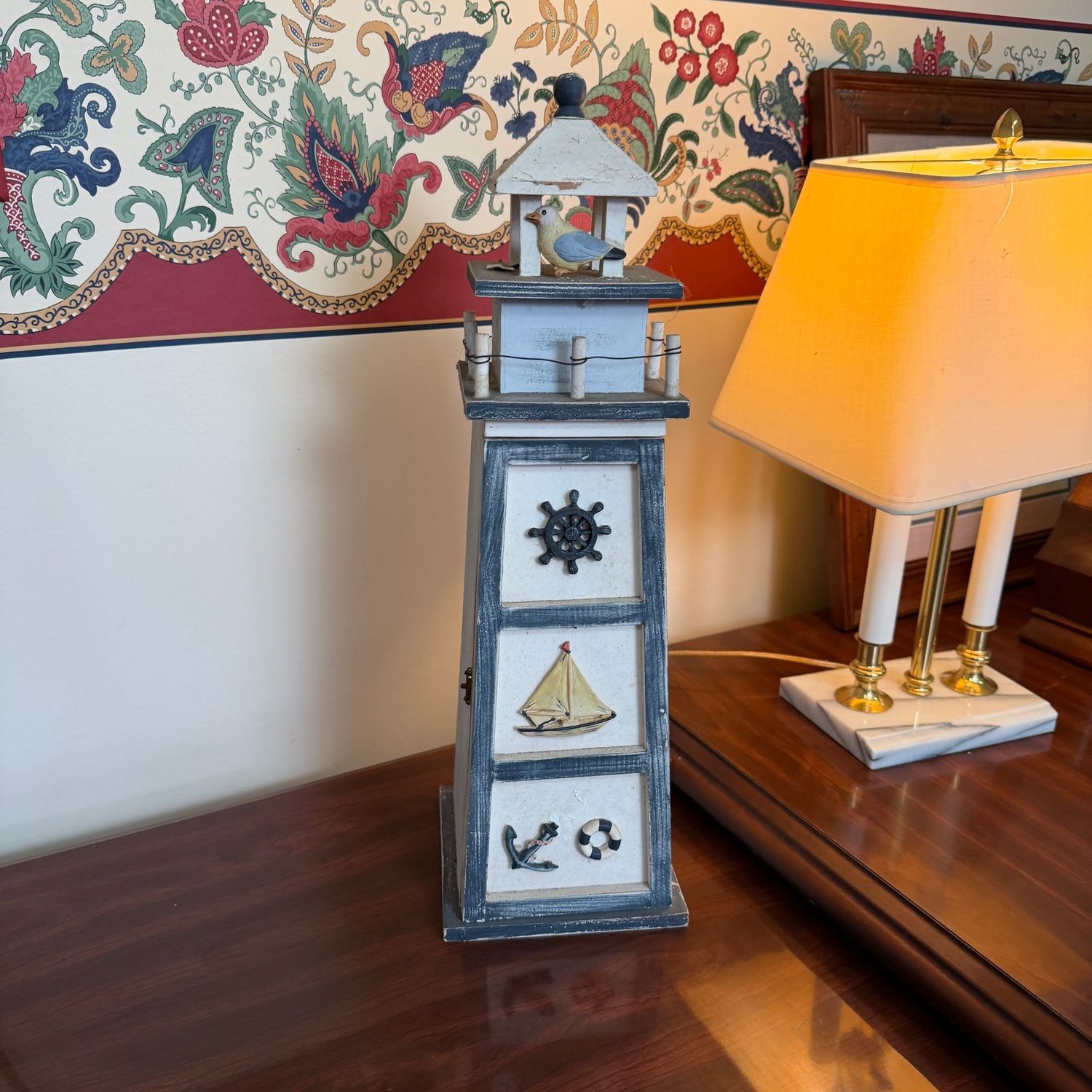 Wooden lighthouse, some wear, 21"H