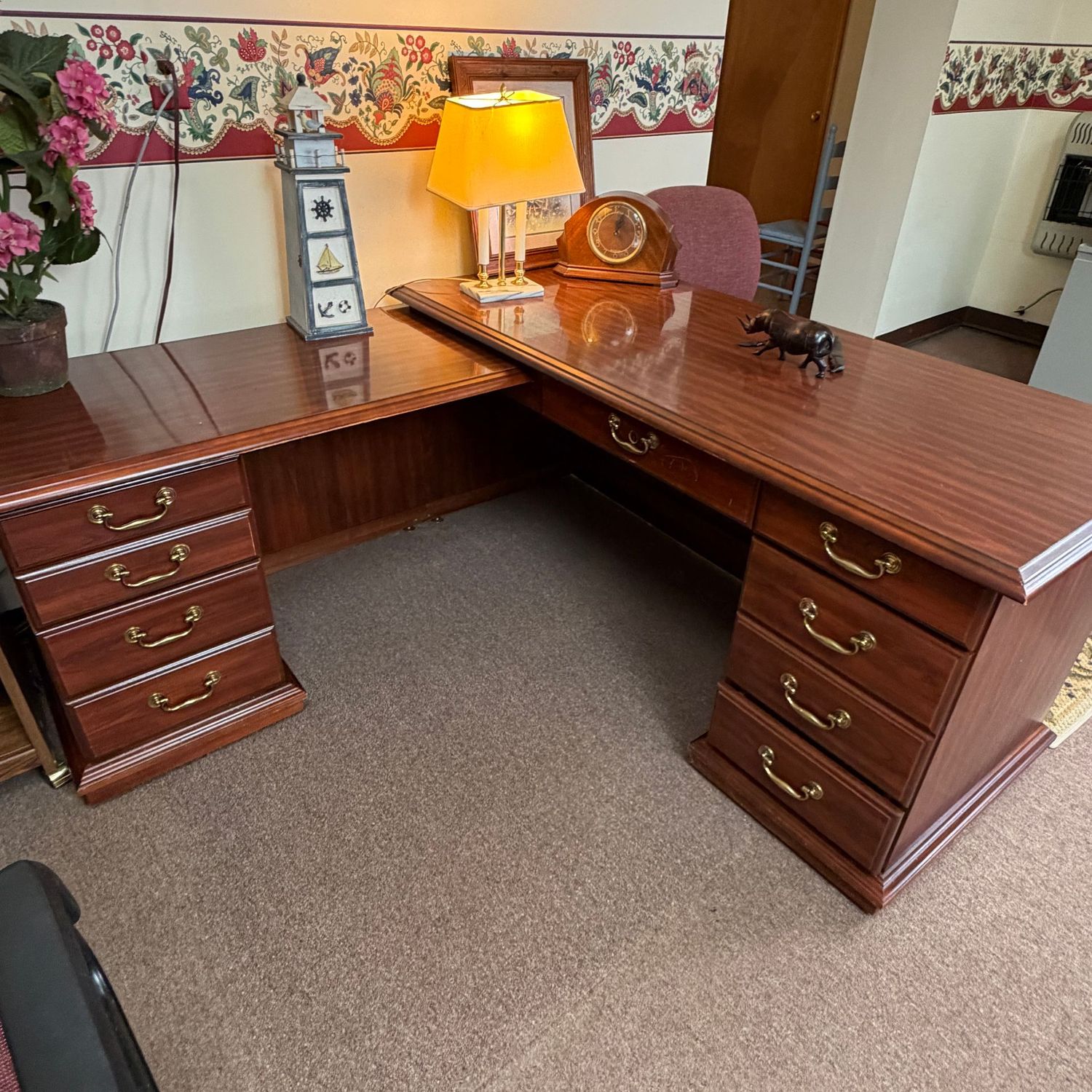 Large L-shaped laminate office desk, side extension removes easily (3'5"L x 23"D), main desk 30"H x 6'4'L x 26"D some wear & scratches, (This item is heavy and in the lower level - OK to use a dolly)