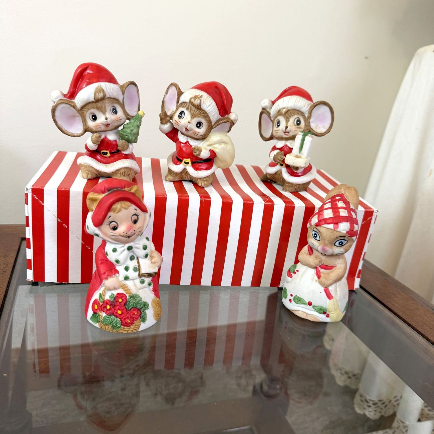 Group of bisque porcelain rabbit bells, and Homeco Christmas mice, 2.5"H