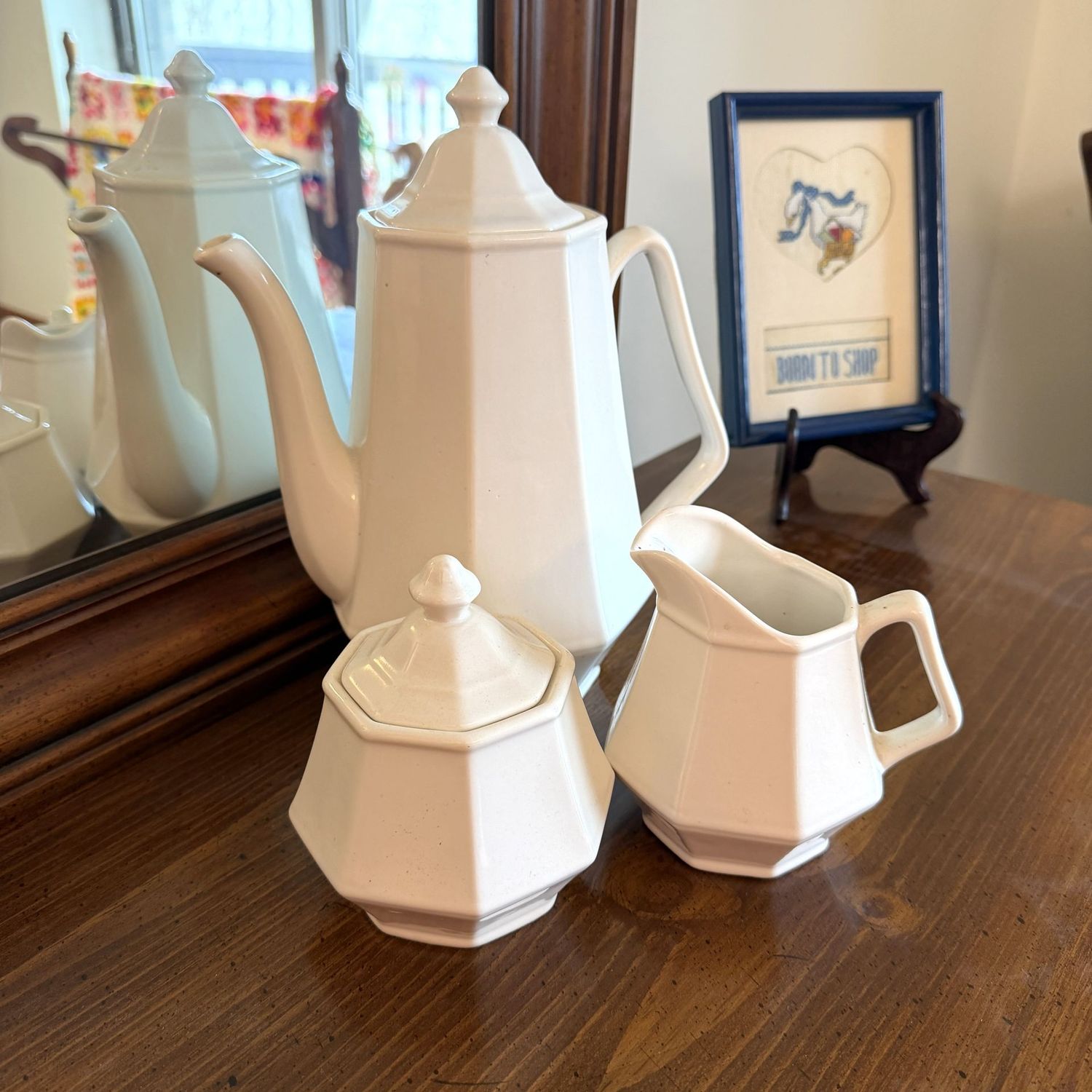 White paneled ceramic coffeepot, 9", sugar, and creamer