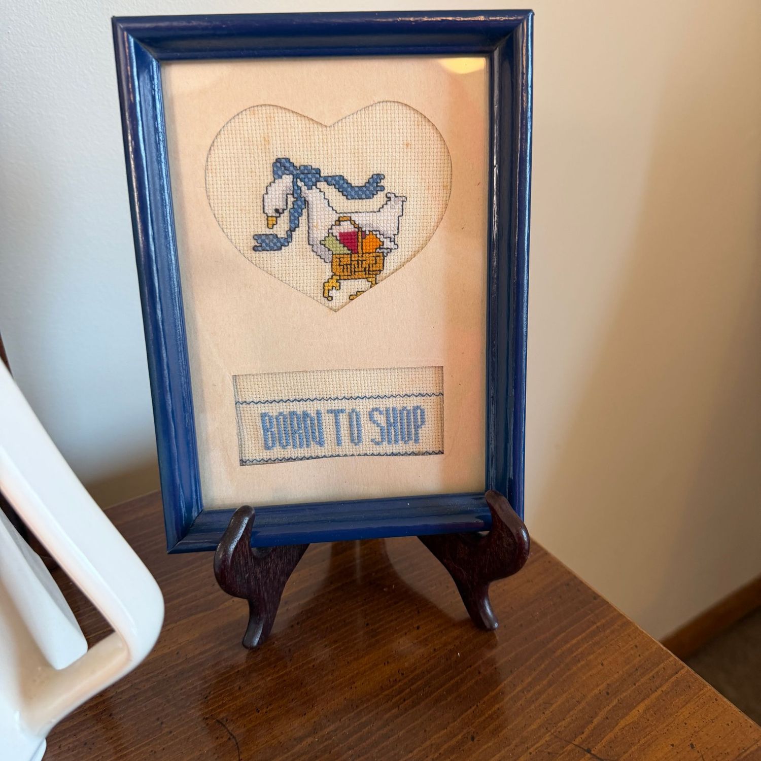 Born to Shop goose cross stitch, some spots, 5x7