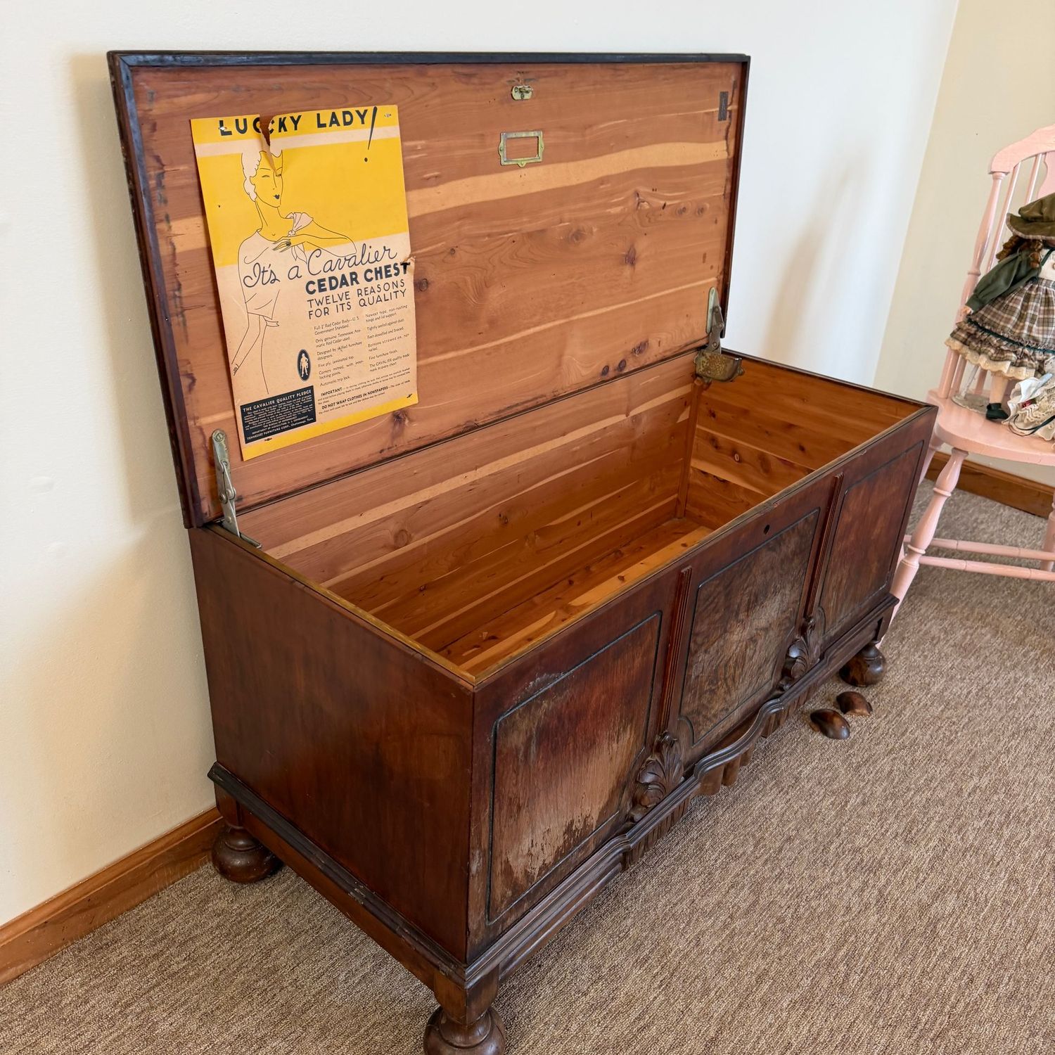 Vintage Cavalier Cedar Chest, interior is in great condition, some water damage to top and front (see photos) front ball feet have broken pieces (This item is heavy and in the lower level) Vintage Cavalier Cedar Chest, interior is in great condition, some water damage to top and front (see photos) front ball feet have broken pieces (This item is heavy and in the lower level)
