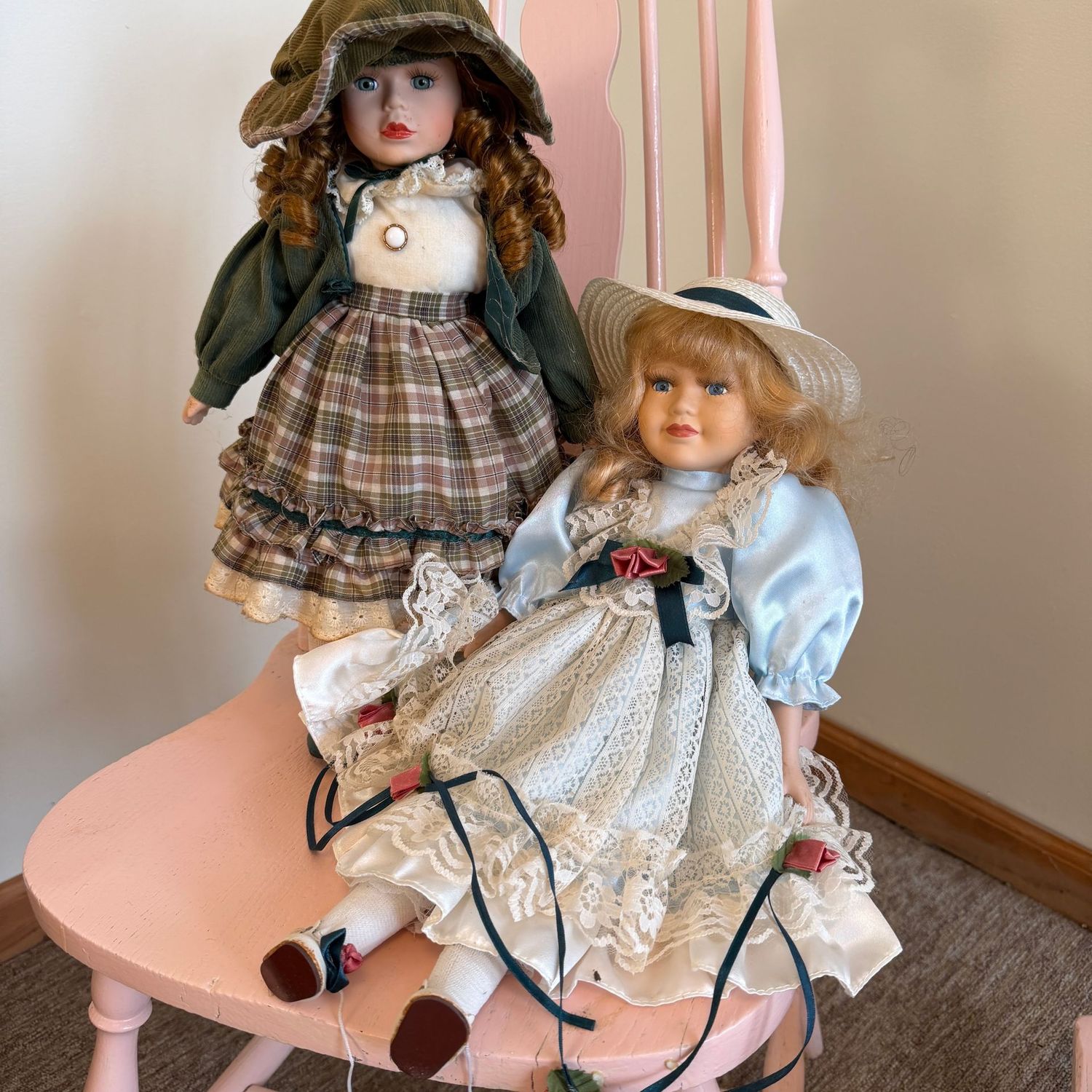 Two vintage dolls, one porcelain, one soft face sleepy-eye, 15"H