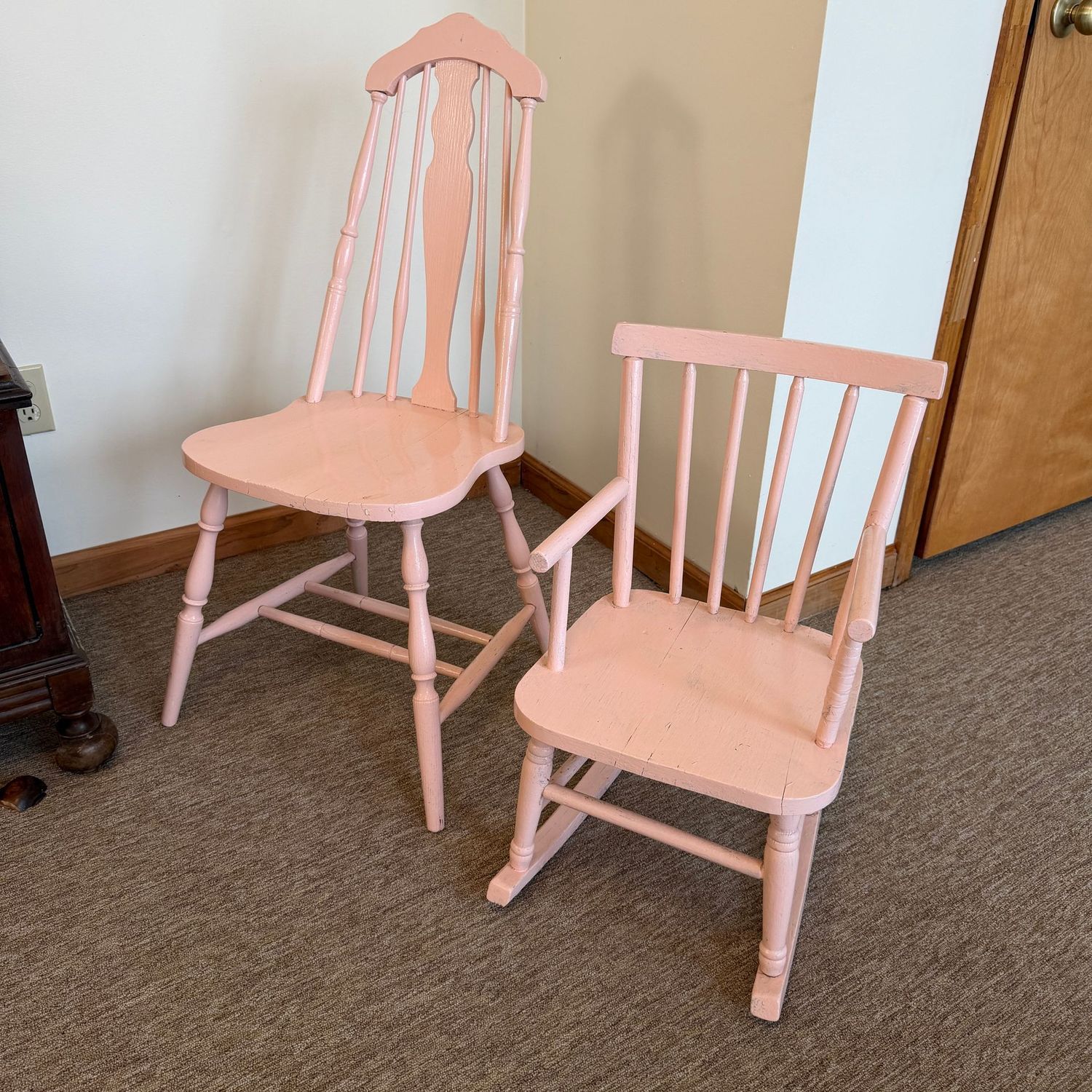 Two vintage wood chair & rocker, painted pale pink, the tallest is 36"H (these are in the lower level)