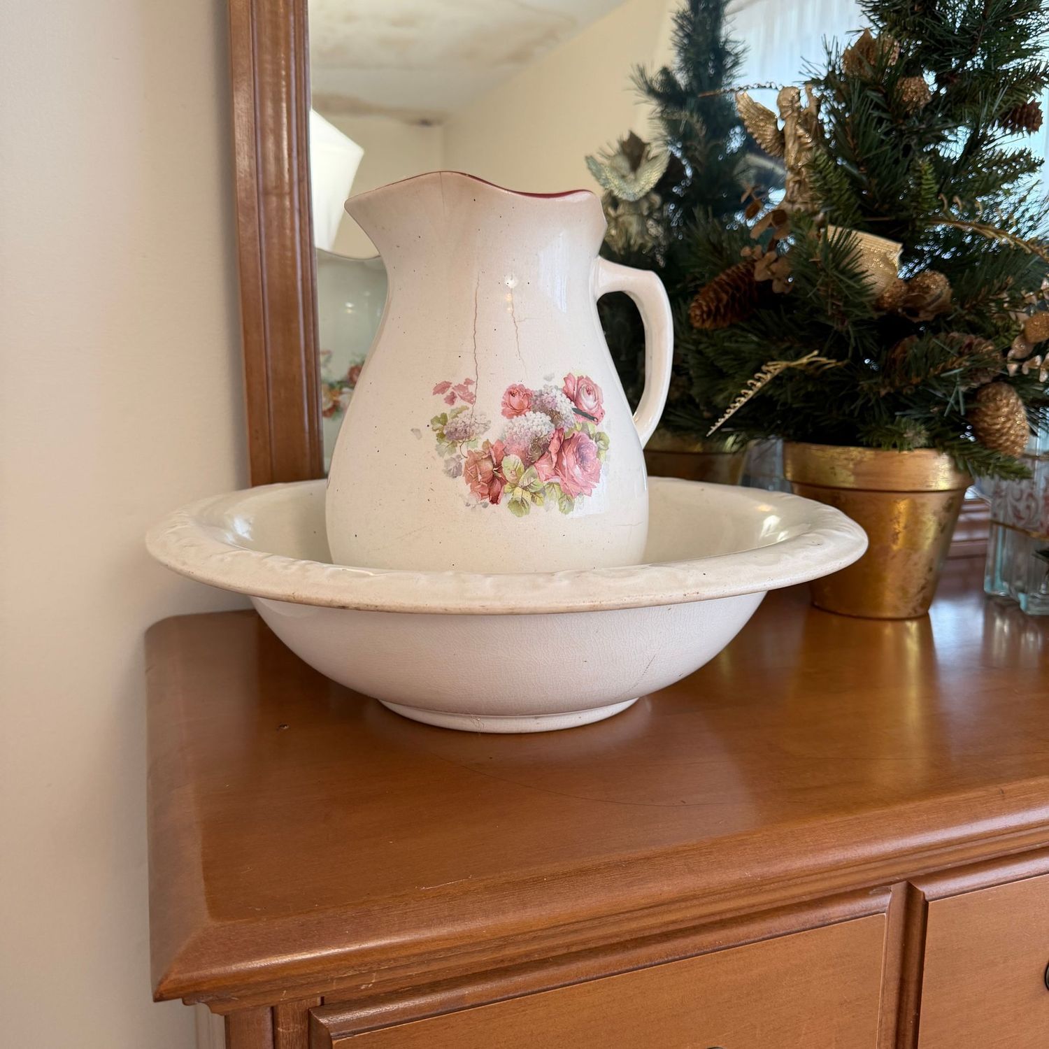 Antique pitcher (some cracks), and Homer Laughlin was basin 16"W, both show some crazing,