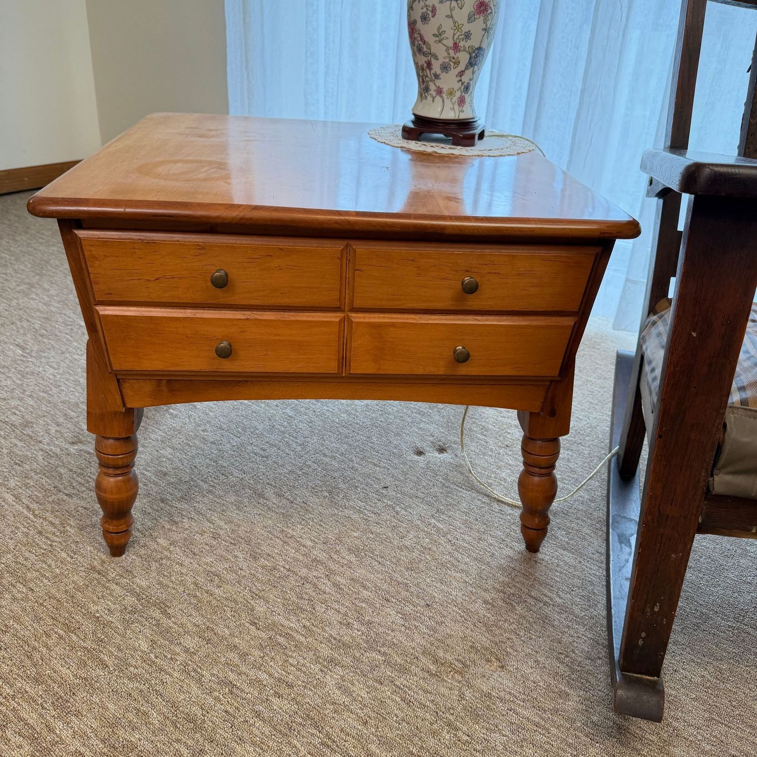 Vintage square maple side table, minor wear, 20"H x 25"W (This item is heavy and in the lower level)