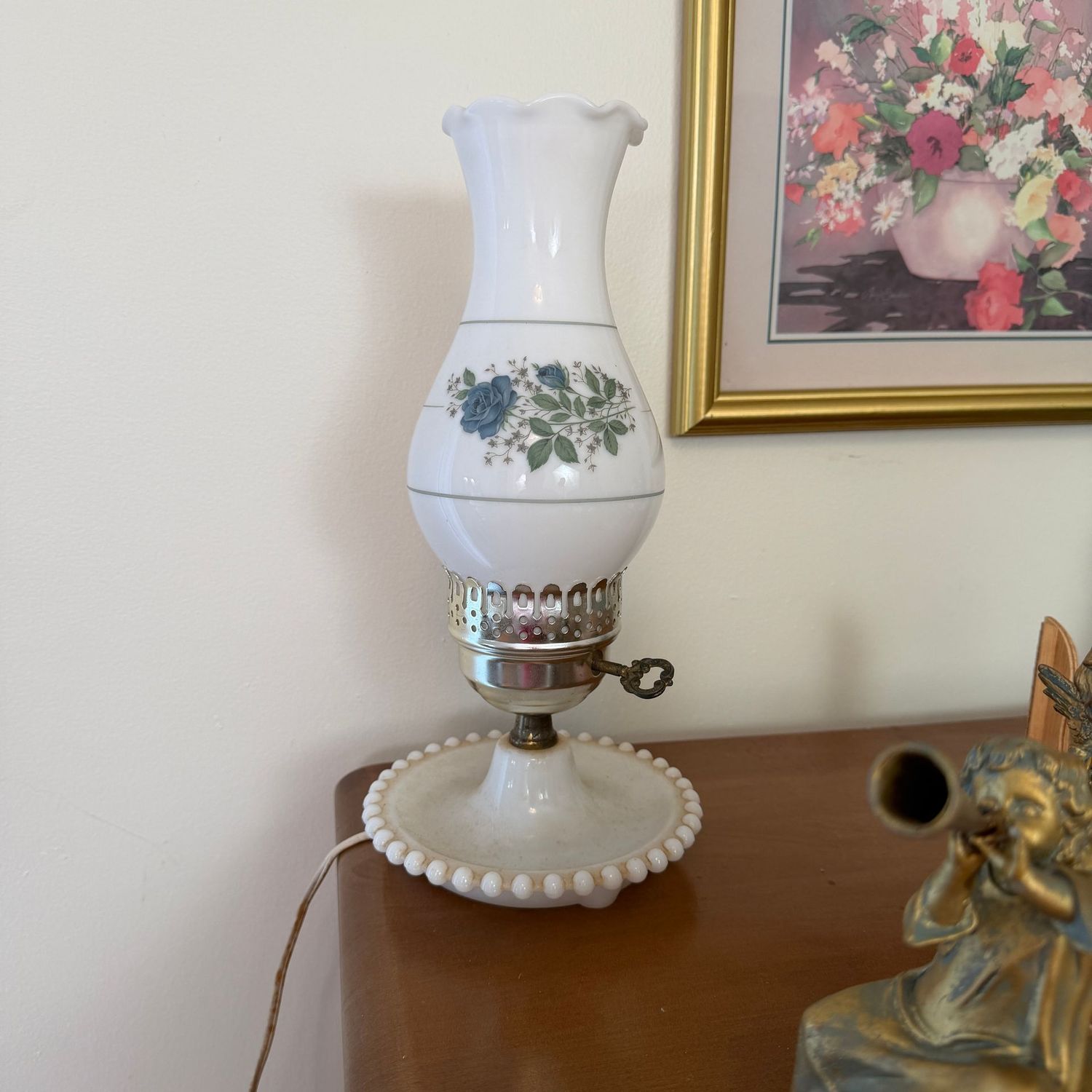 Milk glass electric lantern lamp, blue floral shade, 12"H