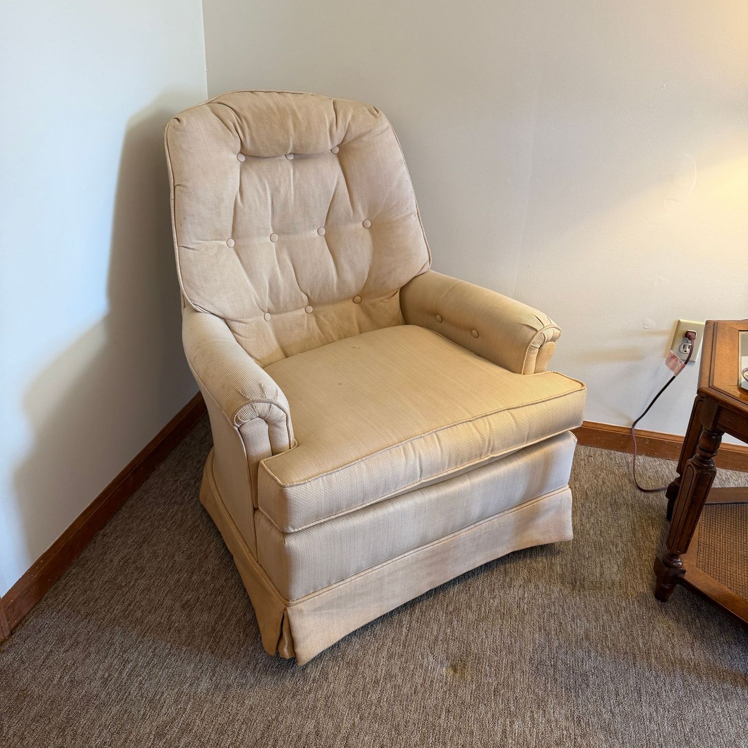 Vintage chair, needs cleaned or upholstered, rocks & swivels, 34"H x 29"W (This item is heavy and in the lower level - OK to use a dolly)