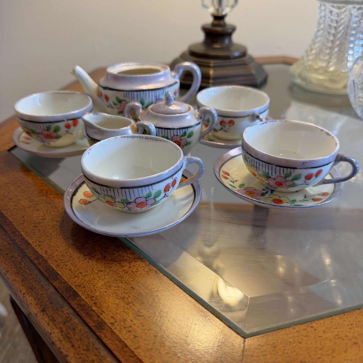 Vintage luster petite, child's, tea set, teapot missing a lid