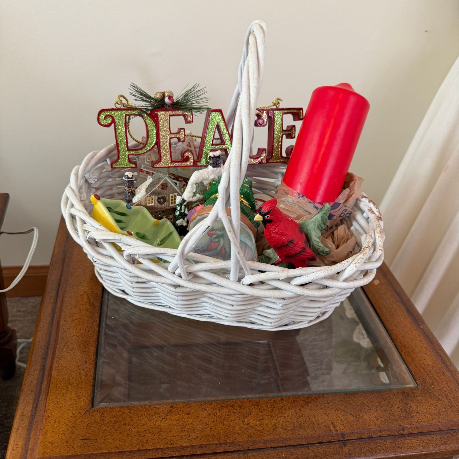 White basket (13"W) with Christmas decorations and Peace sign