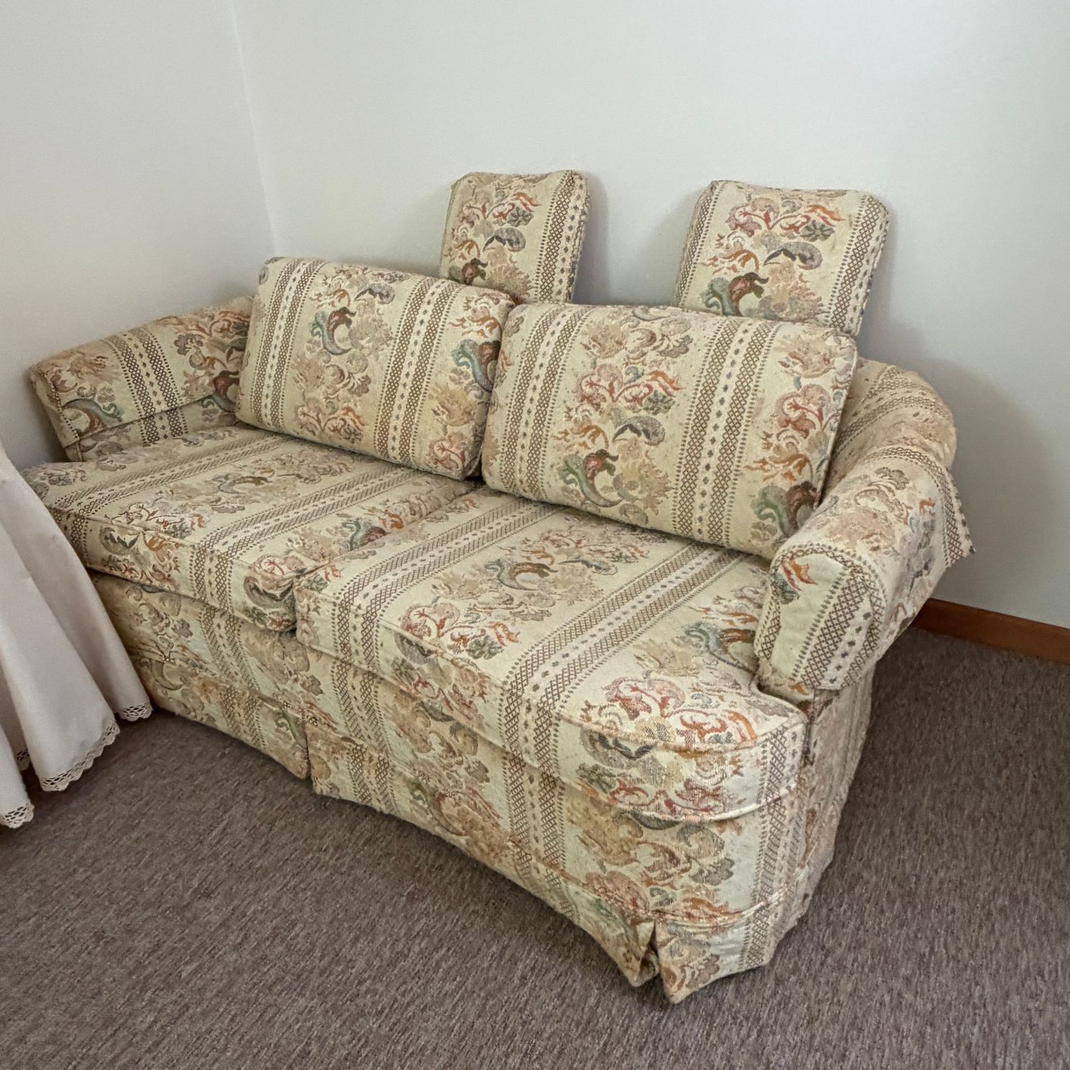 Vintage Broyhill loveseat, small sofa, needs reupholstered, 27 Vintage Broyhill loveseat, small sofa, needs reupholstered, 27"H x 36"D x 70"L (This item is heavy and in the lower level - OK to use a dolly)