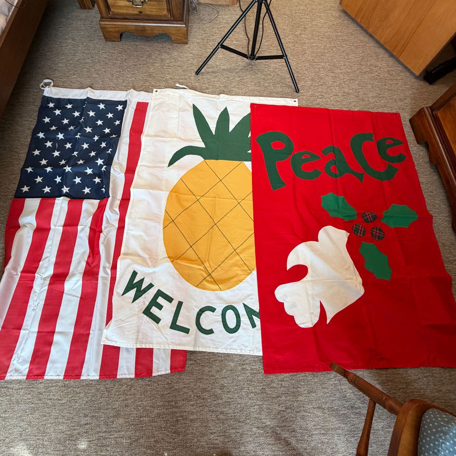 House Flagpole flags, American, Welcome, and Peace, 4'6"L x 36"