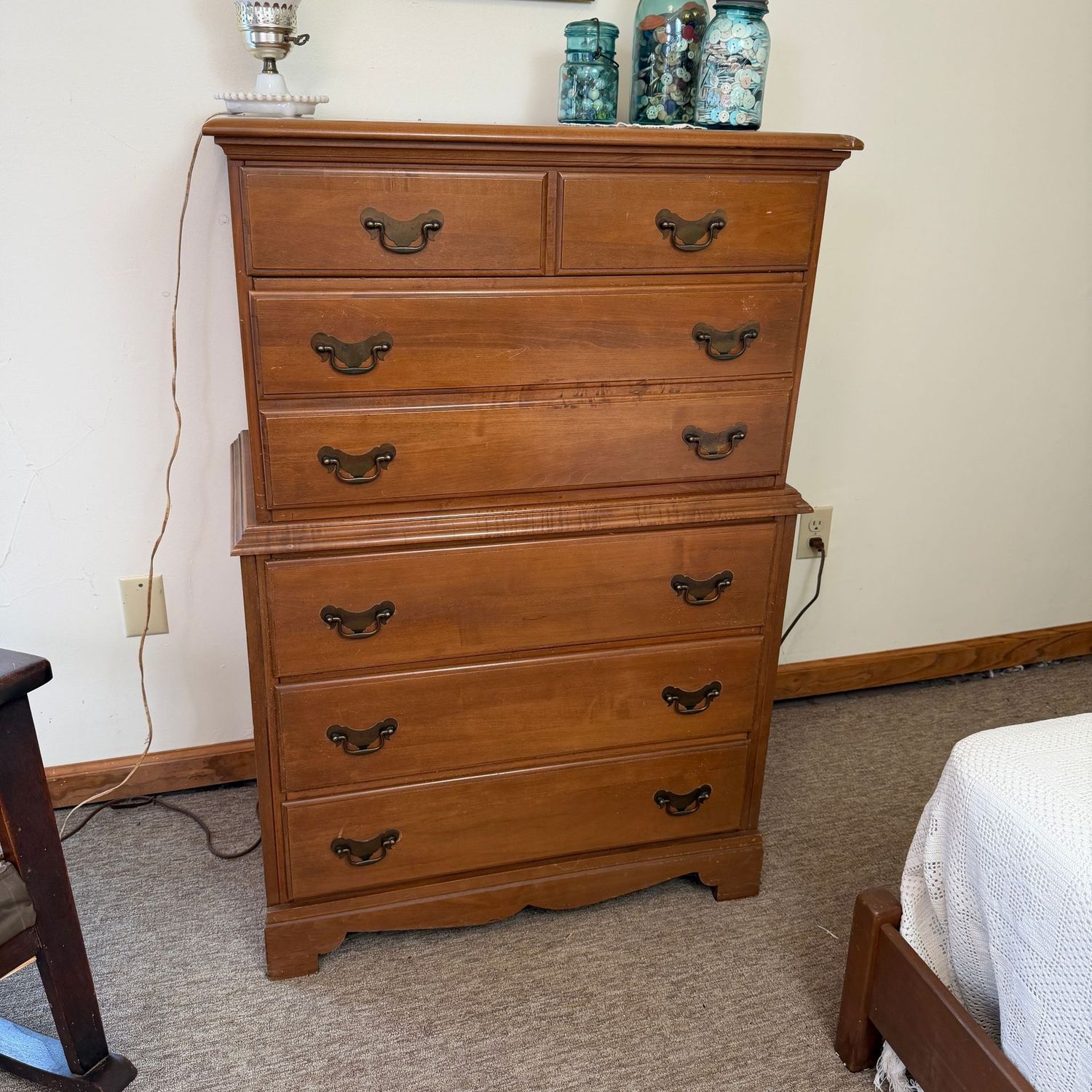 Vintage tall dresser, chest, drawers open easily, minimal wear & spots, but the feet show water damage, 46"H x 19"D x 32"W (This item is heavy and in the lower level - OK to use a dolly)