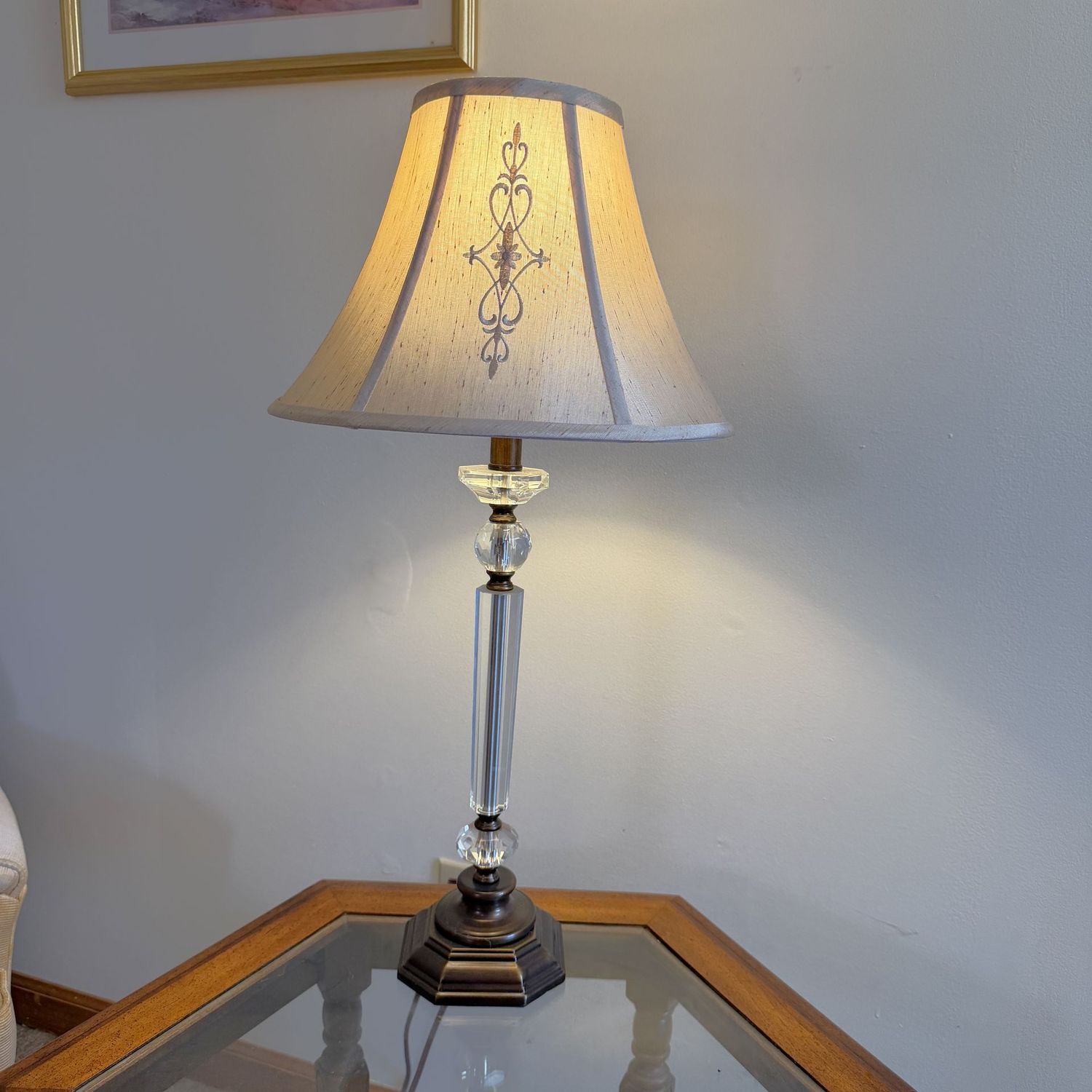 Tall lucite table lamp, 27"H x 13"W
