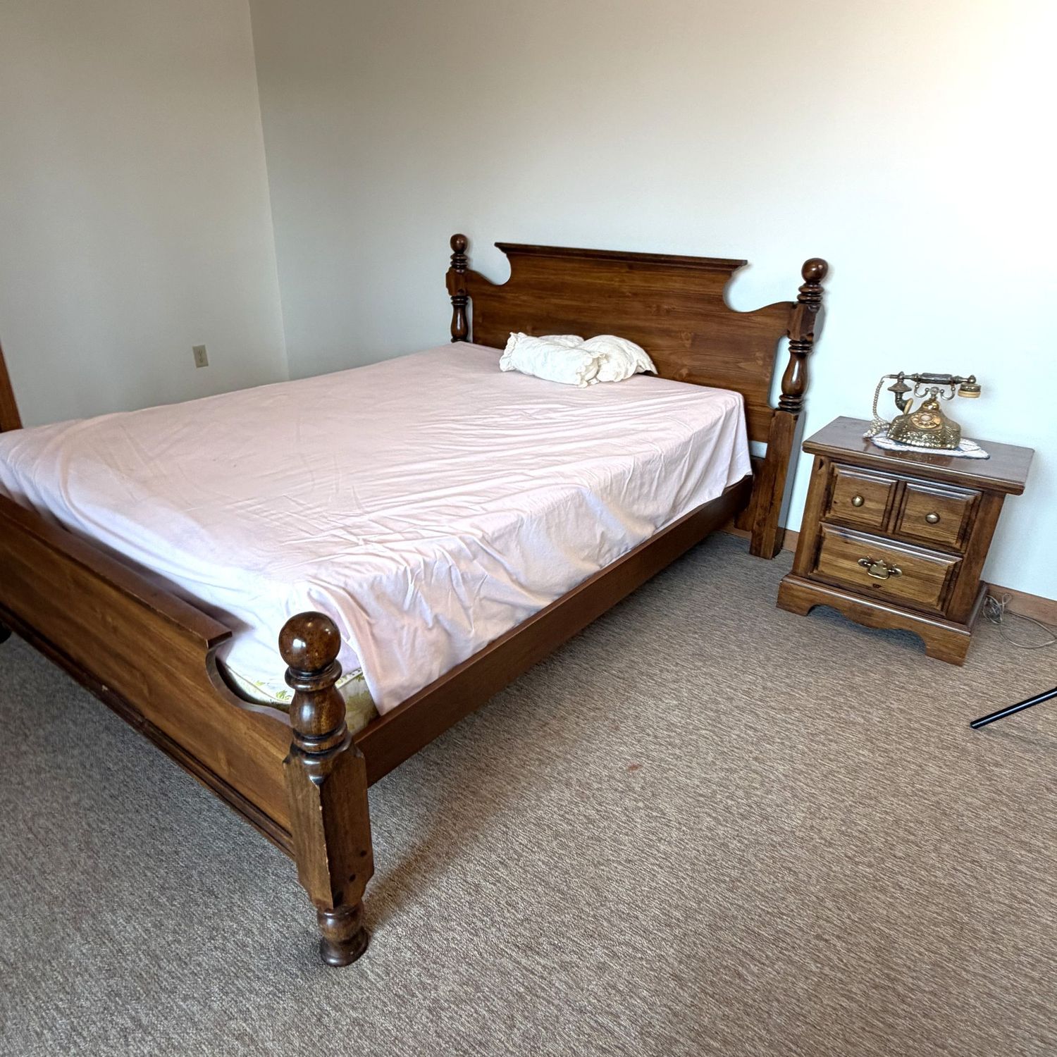Bed frame and coordinating side table, some wear to both, bed frame will fit full or queen-size, metal side slats (This item is heavy and in the lower level - OK to use a dolly)