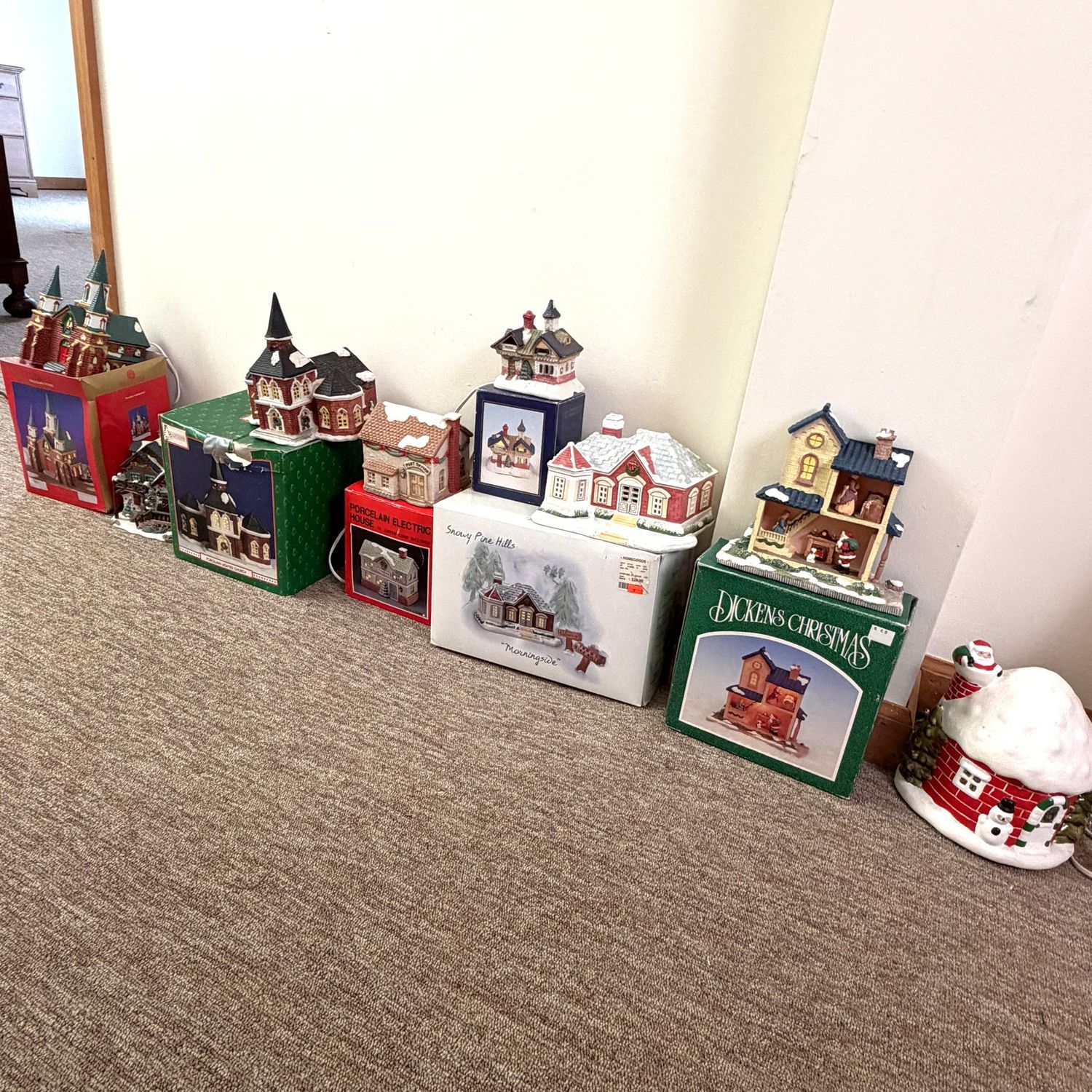 Group of Christmas village ceramic houses, most have boxes, 4-10"W