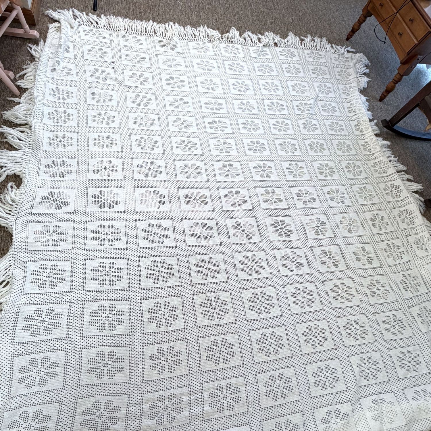 Vintage ivory crocheted bed cover, bedspread, fringe shows some wear, a few minor holes (one has been repaired), will fit a full-size bed