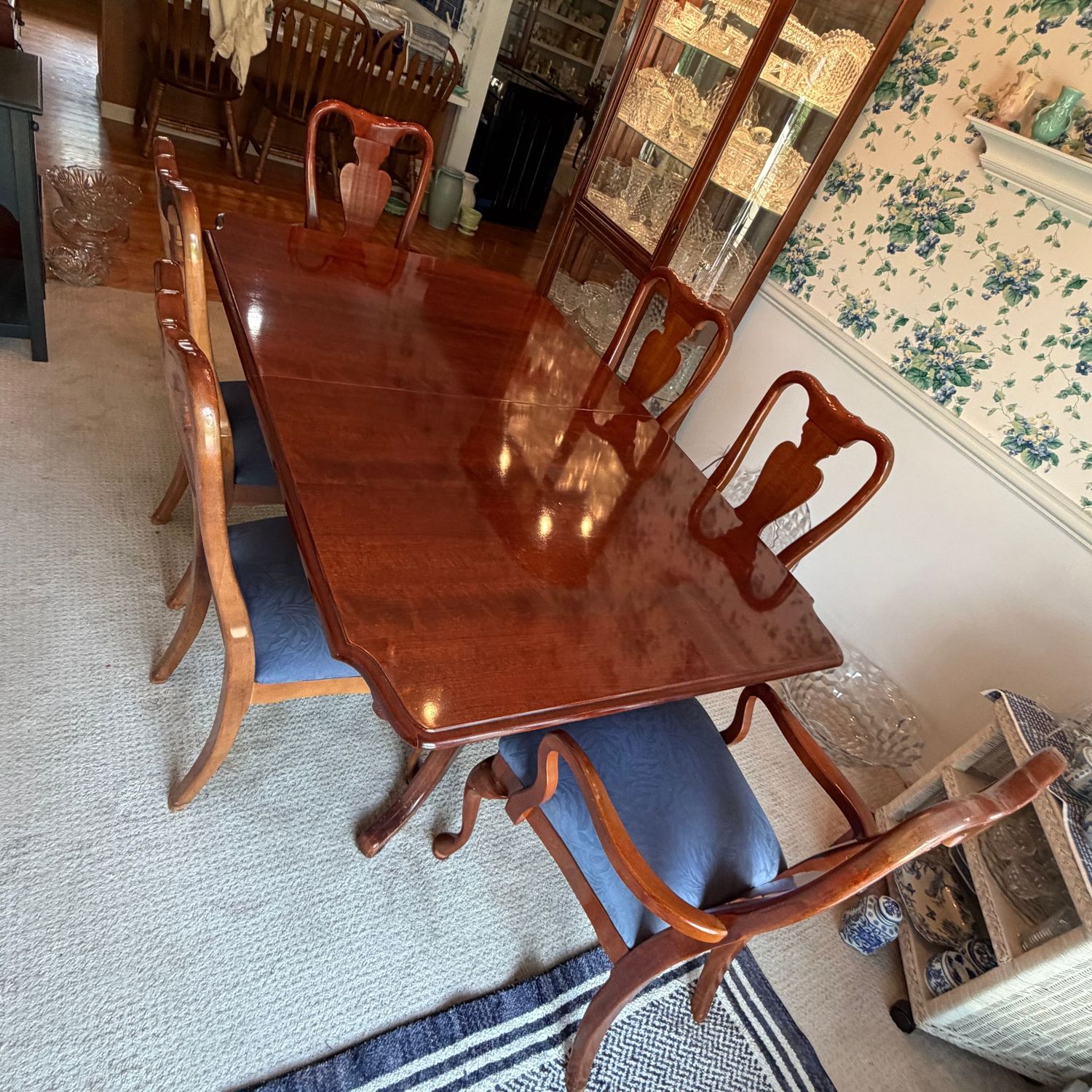 Dining table with 6 chairs, American Drew, overall good condition, minor spots on table, one pedestal has been repaired (see photos) 42"W x 66"L, with two 14" leaves