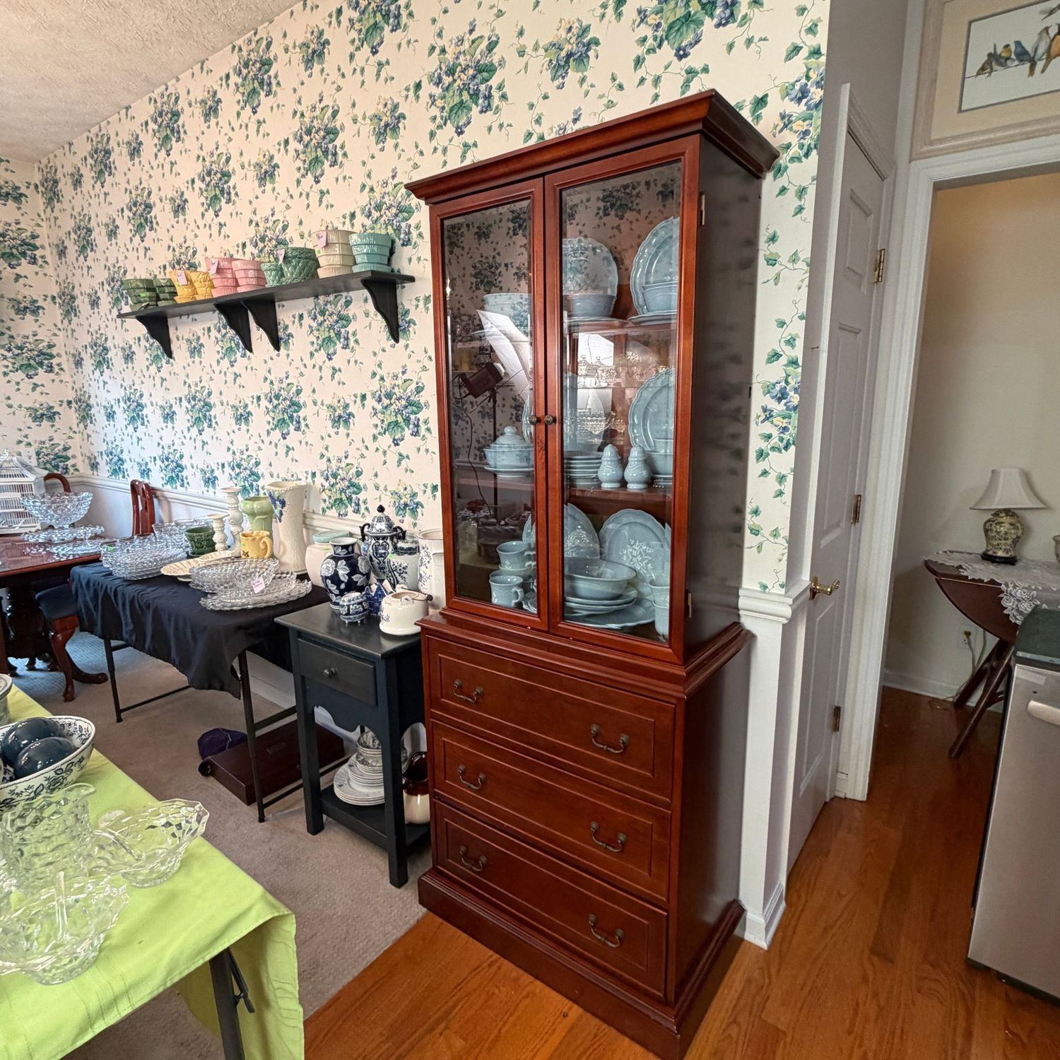 Tall display cabinet with drawers, likely Bombay, beveled glass, deep drawers, overall in nice condition, Minor Nail Holes On A Couple Shelves, two-pieces, 6'3"H x 17"D x 31"