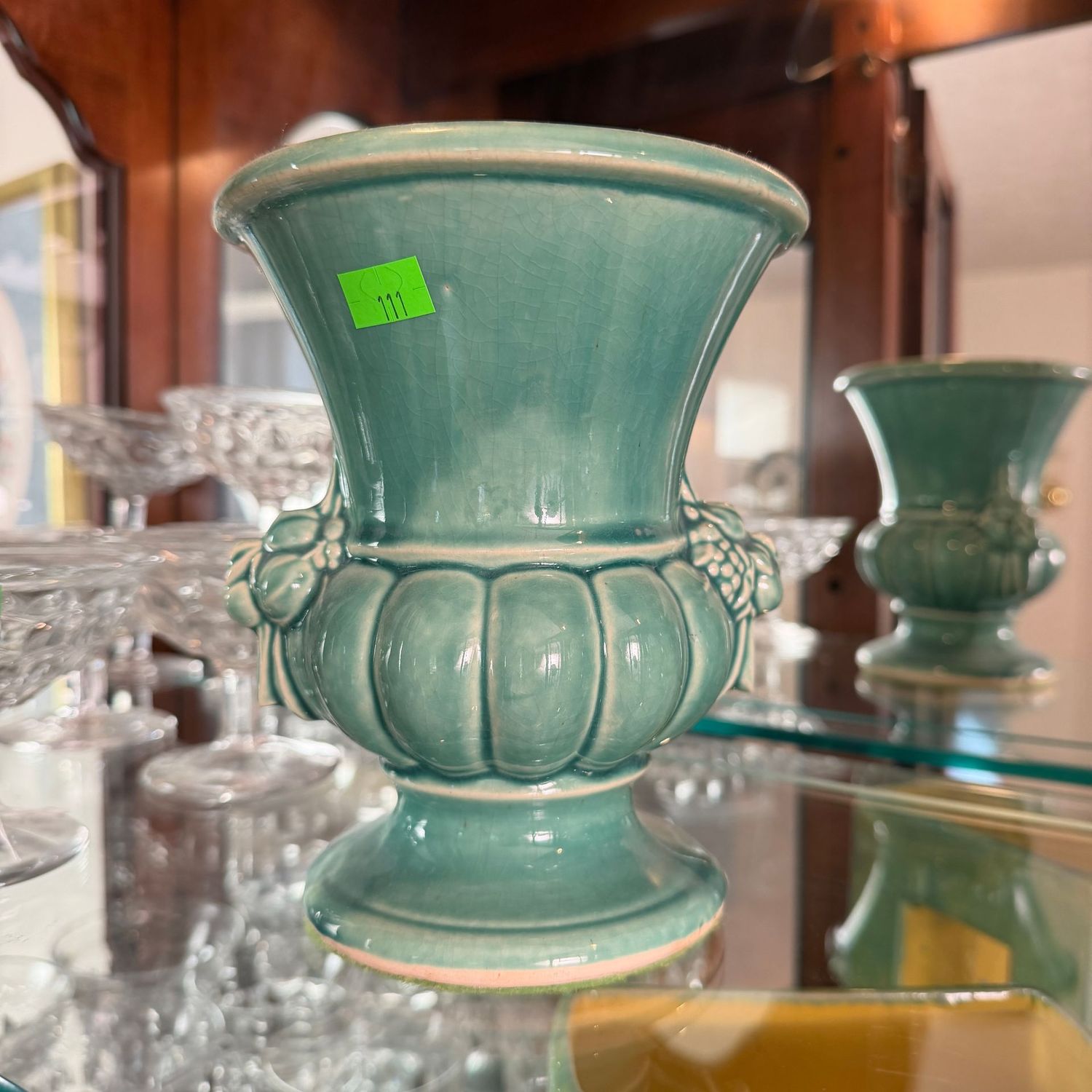 Lot #111, McCoy pottery teal deco fruit urn, 6.5 Lot #111, McCoy pottery teal deco fruit urn, 6.5"