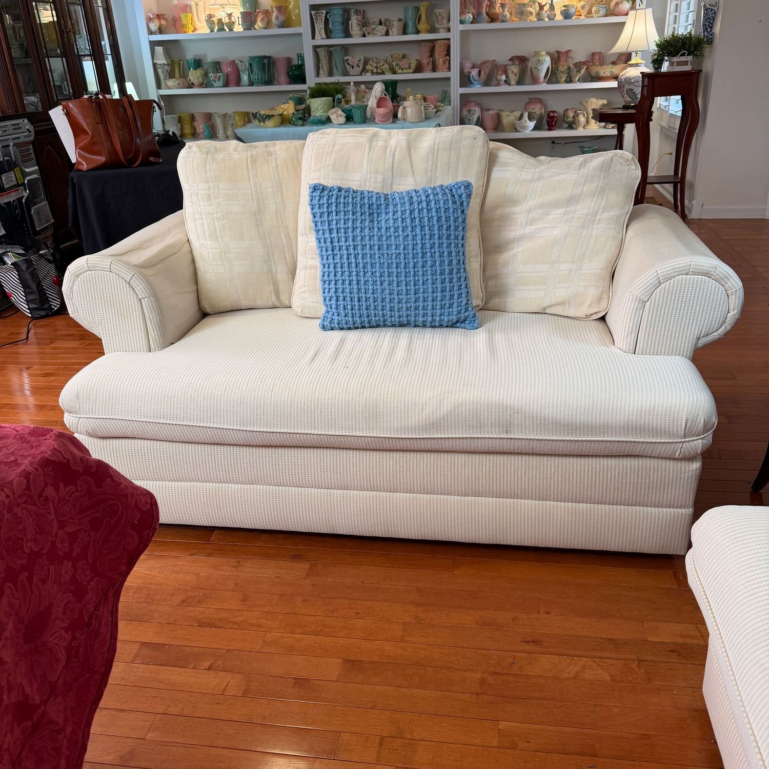 Cream striped Lazarus loveseat, comfortable seat, arms have lost some padding, needs vacuumed well, 28"H x 36"D x 65"L