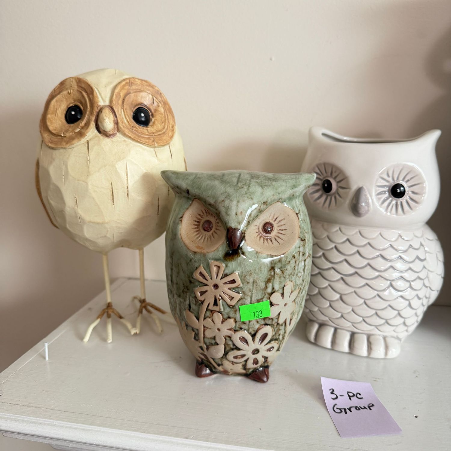 Lot #133, group of 3 owls, ceramic, and 9" wooden