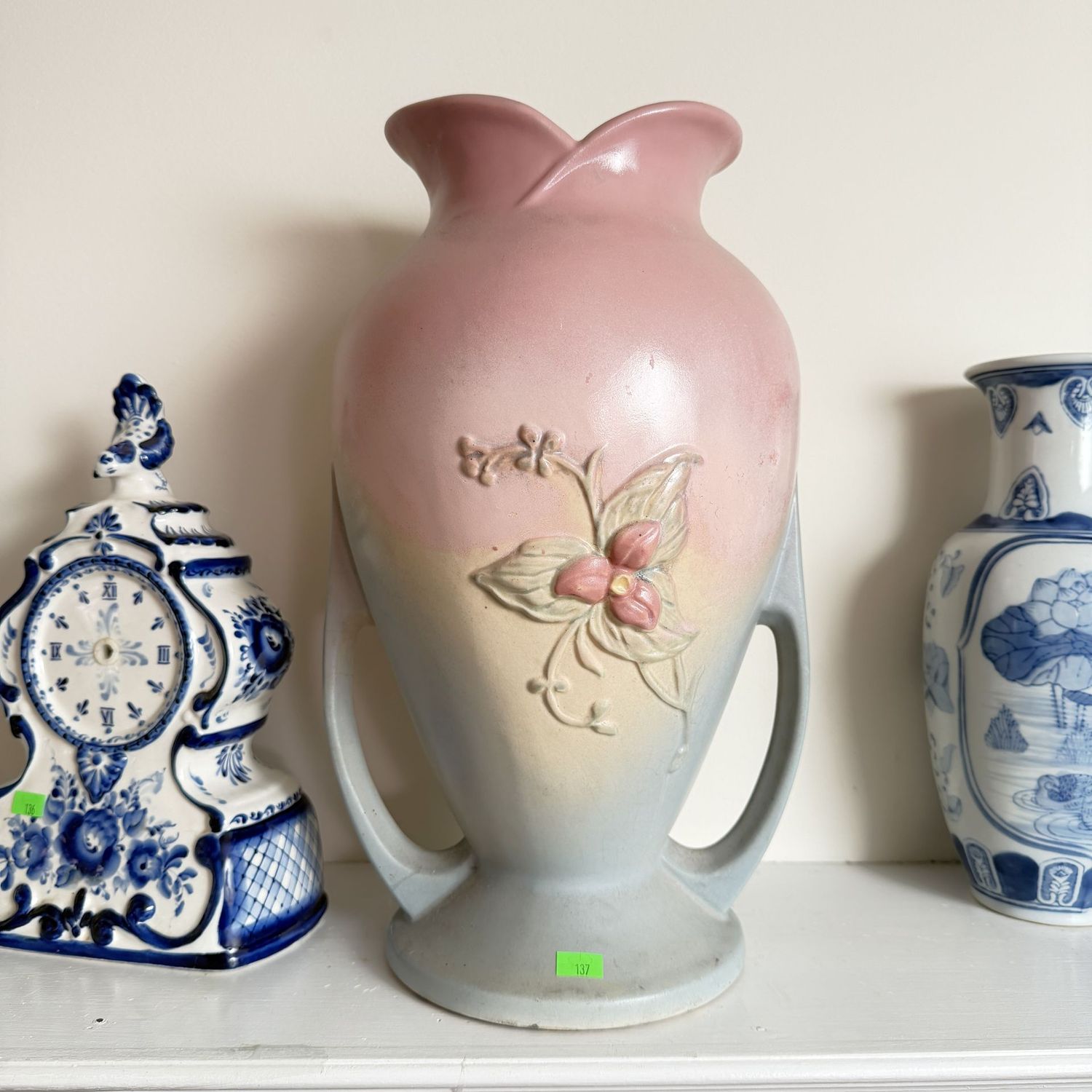 Lot #137, large Hull pottery magnolia W20 vase, 15 1/2"