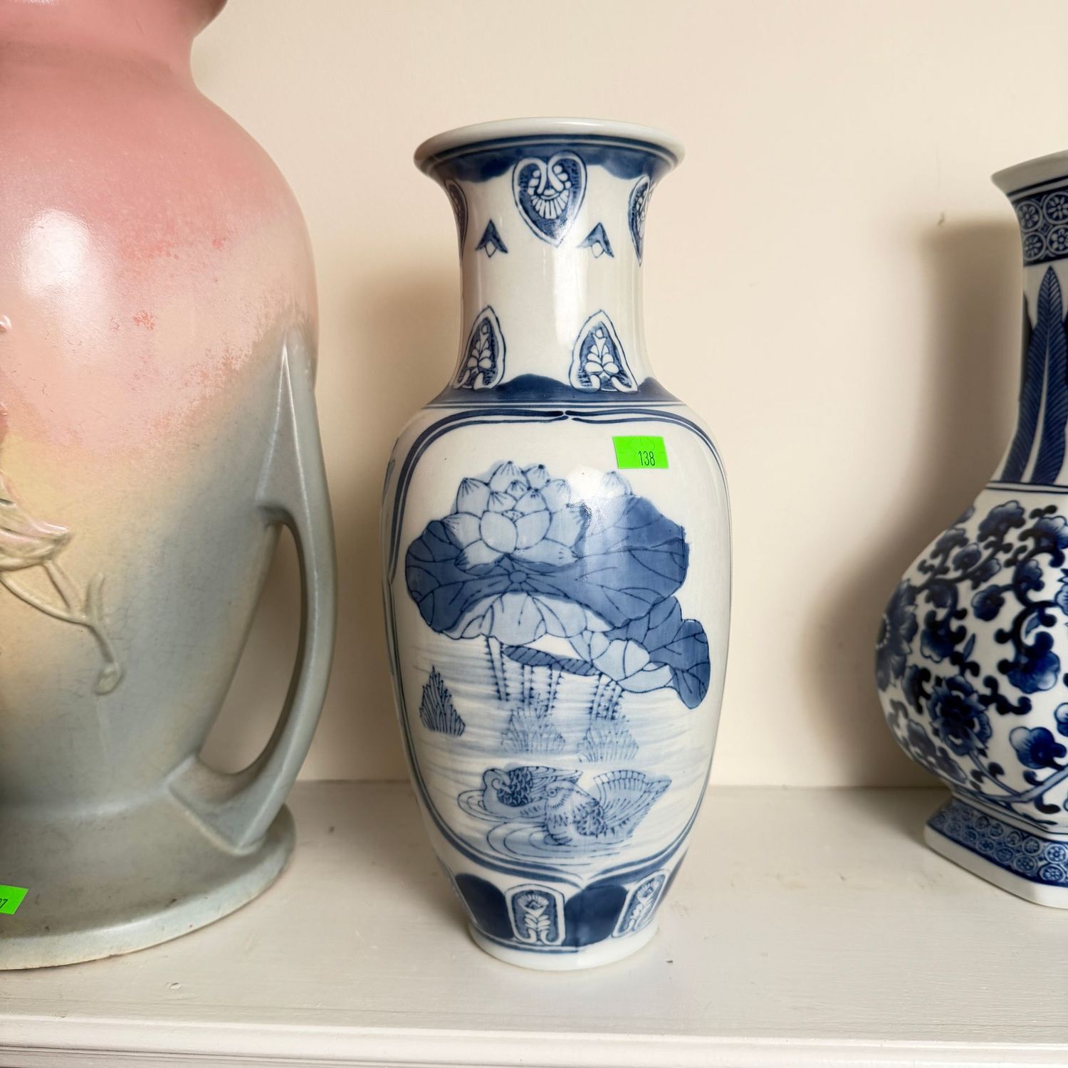 Lot #137, large blue and white water lily & bird vase, 11.5"
