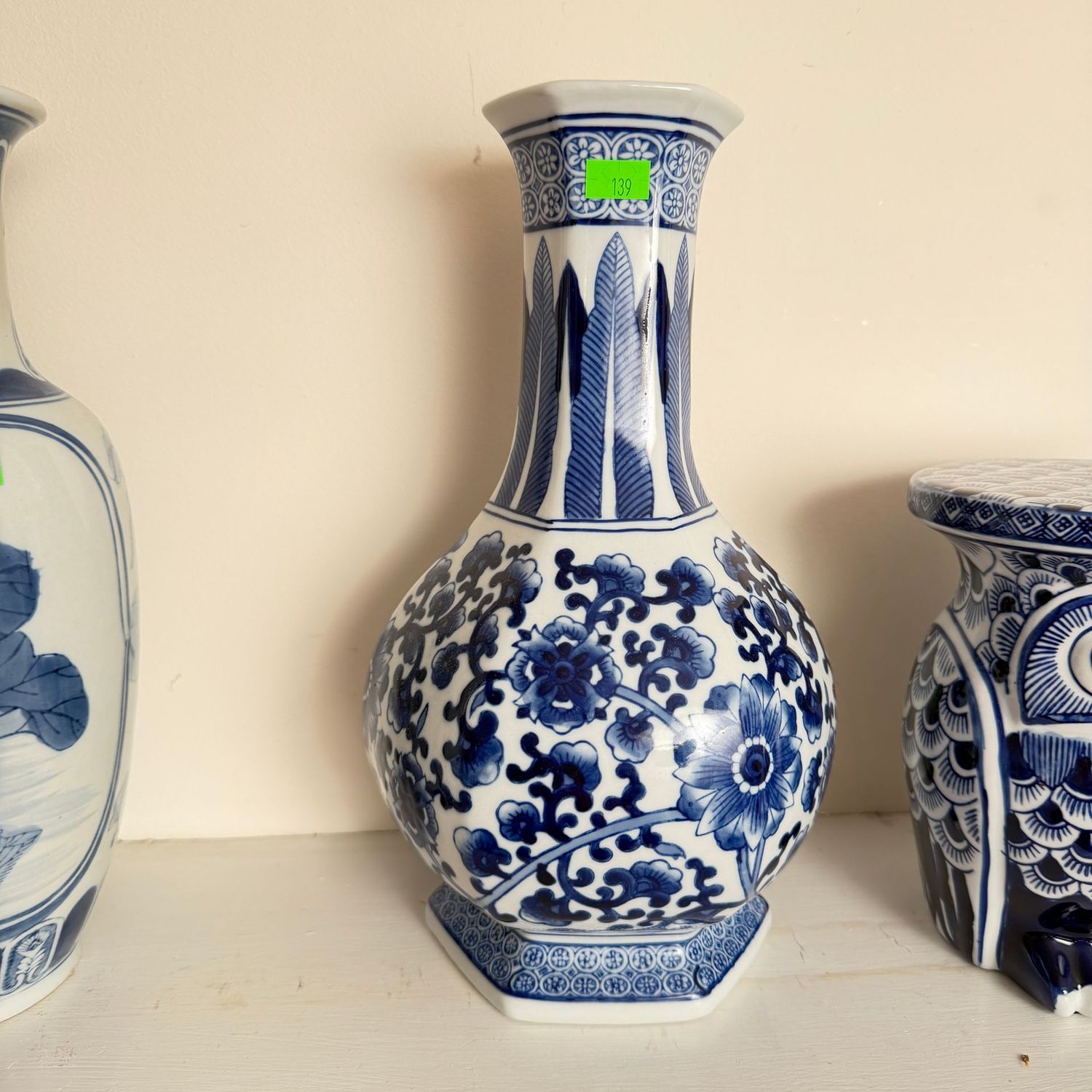 Lot #139, blue and white Bombay paneled ceramic vase, 12"