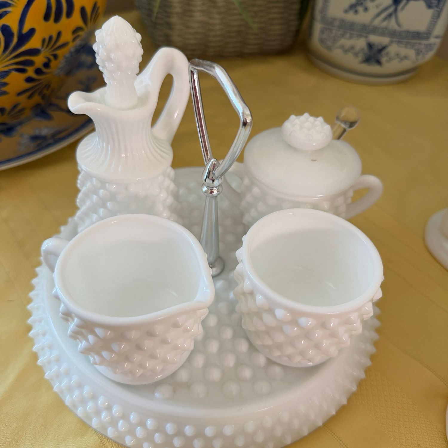 Milk glass hobnail condiment set Milk glass hobnail condiment set