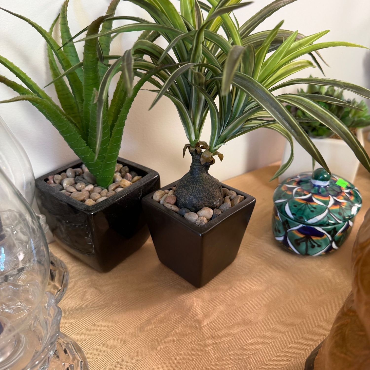 Lot #152, faux leafy plants in black ceramic planters, 10-12"
