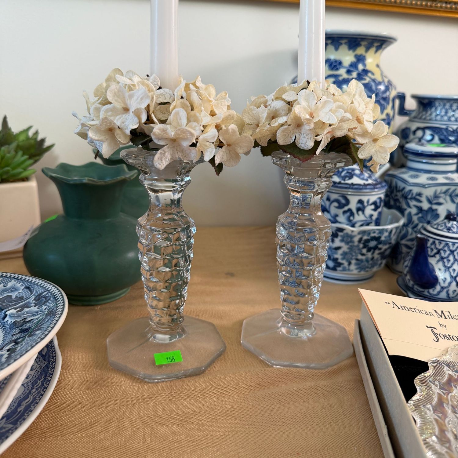 Lot #158, pair of Fostoria American candlesticks, 6"
