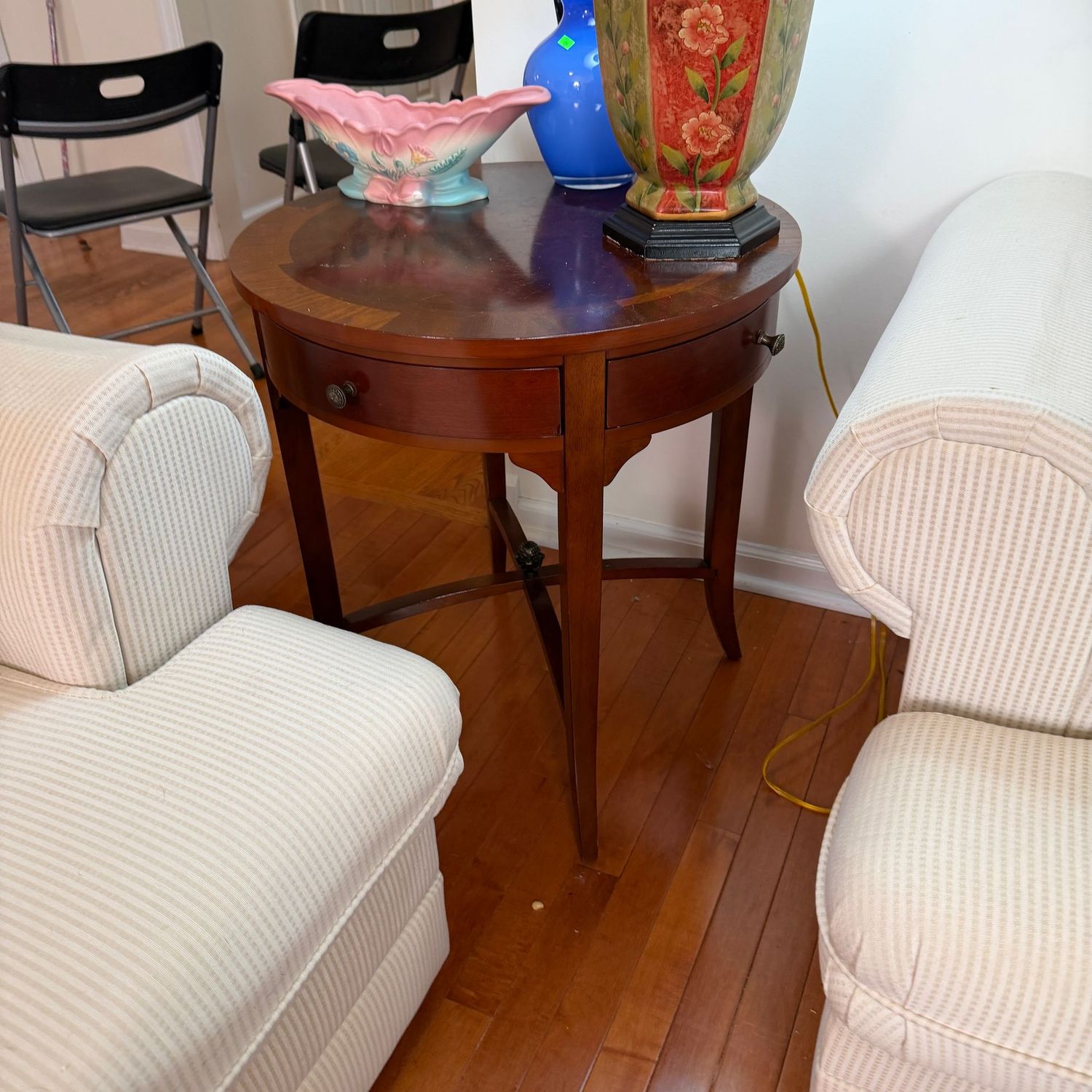 Round side table with 4 drawers, some wear & scratches, 26"H x 23"W