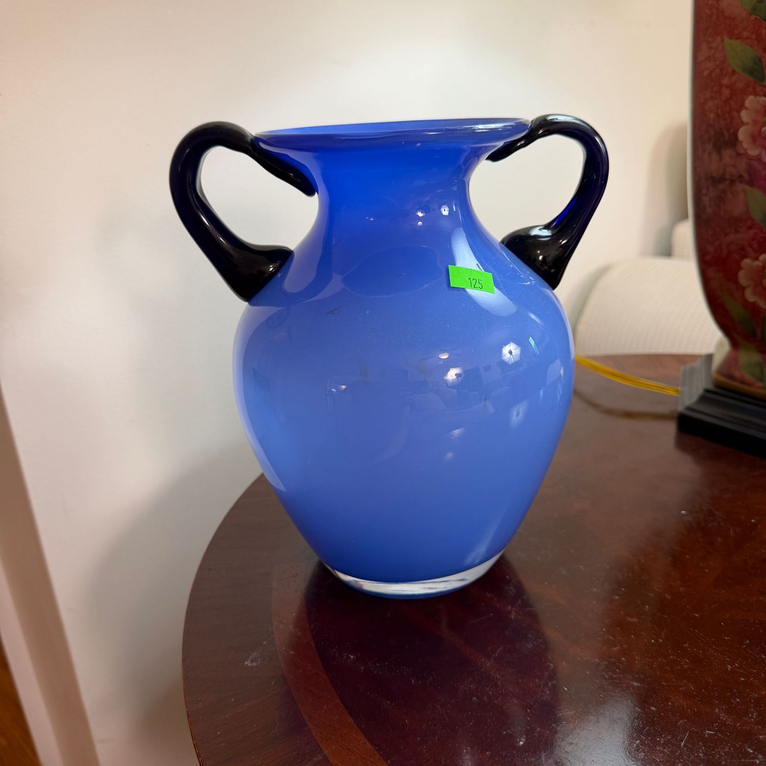 Lot #125, blue double-handled vase, 7.5 Lot #125, blue double-handled vase, 7.5"H