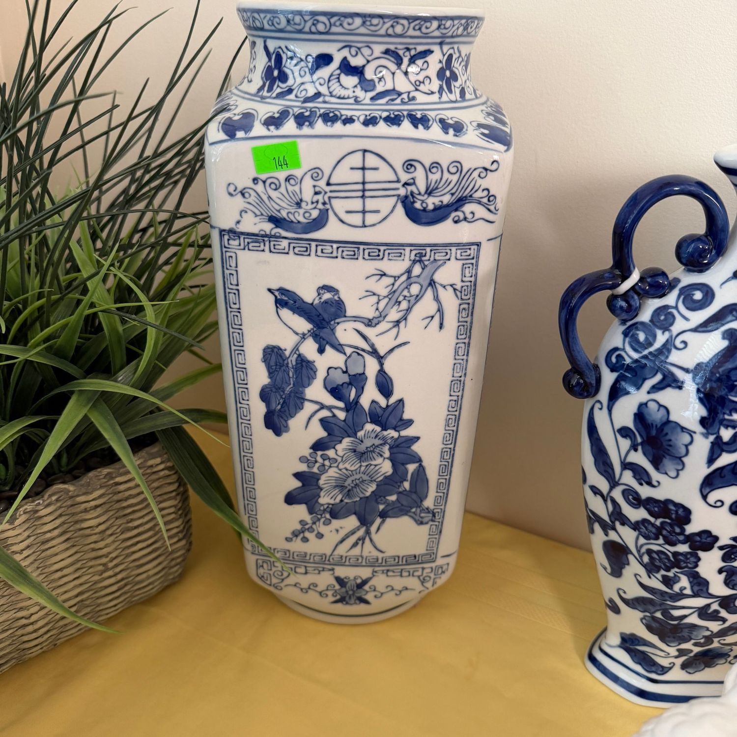 Lot #144, blue and white bird and floral square vase, 13.5"