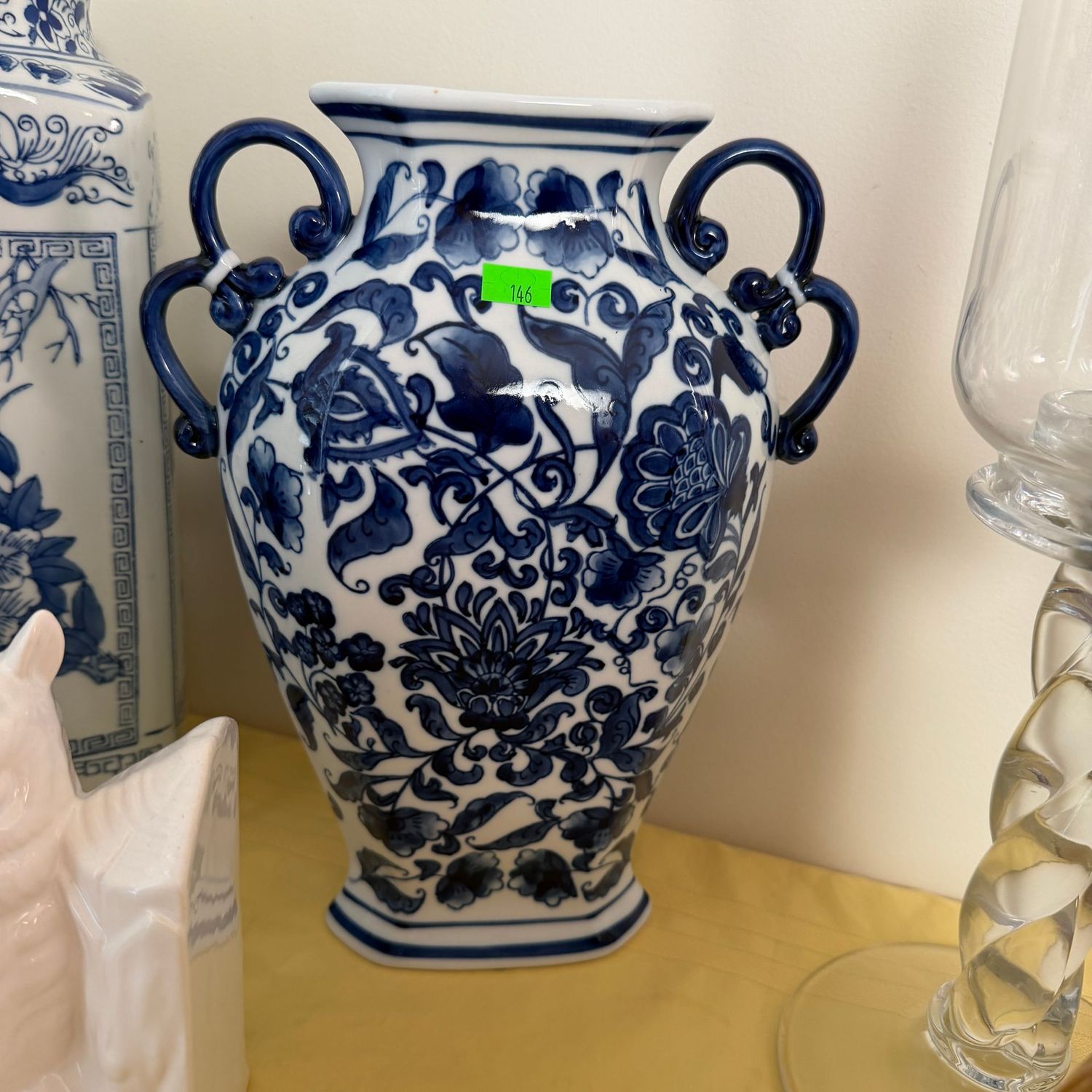 Lot #146, blue and white Bombay vase, slender profile, double-handle, 12"