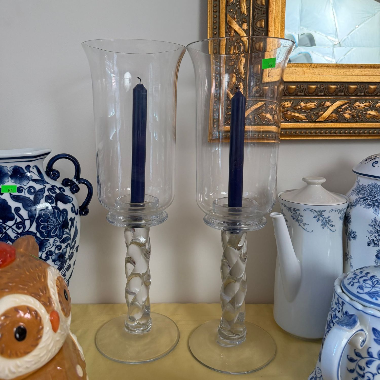 Lot #147, Pair of Fostoria 9" twisted candlesticks and hand-blown shades, 17.5"H together