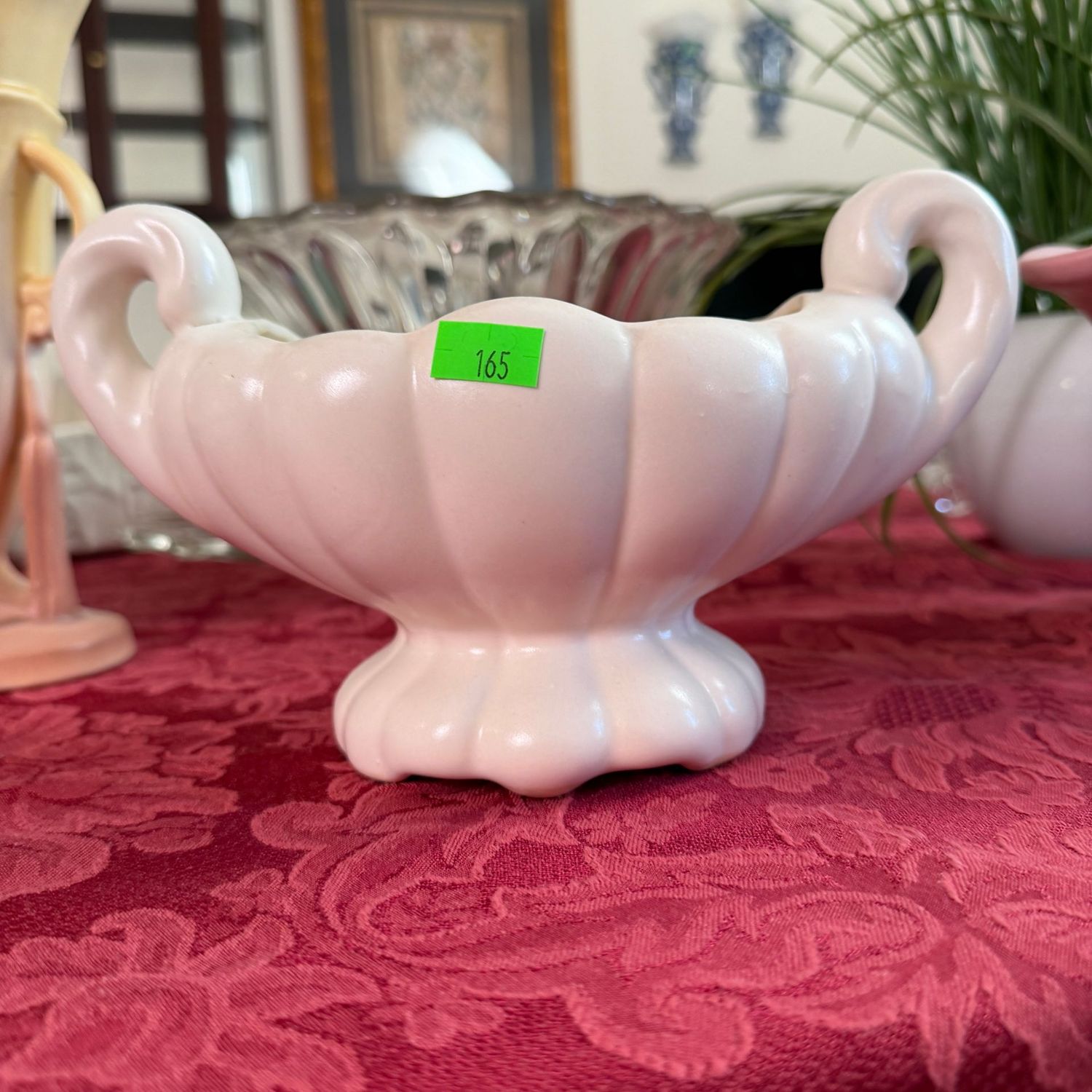 Lot #165, white scalloped pottery planter, double-handle, 4"H
