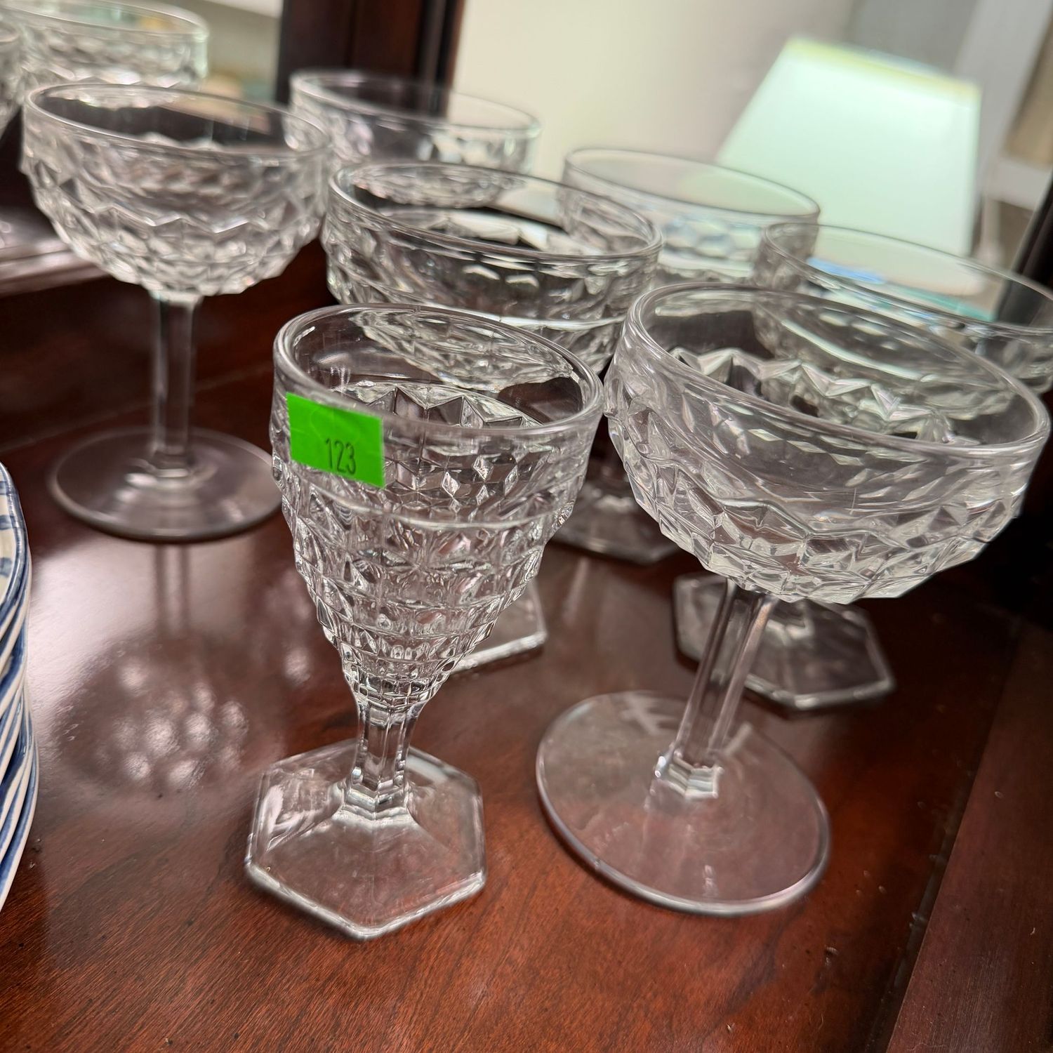 Lot #123, Fostoria American cordial glass & 6 champagne glasses