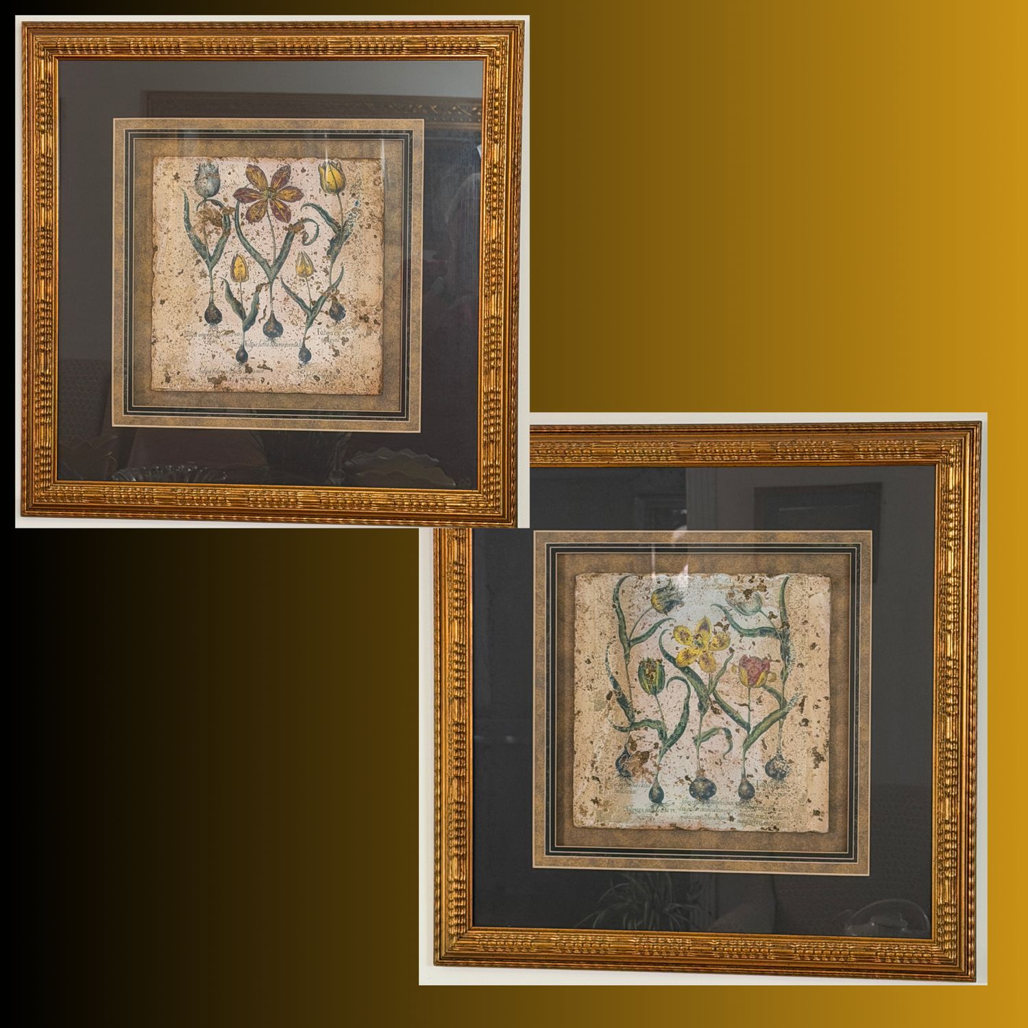 Pair of Franklin Picture Co. floral tiles in dark gold frame, 25" x 25"