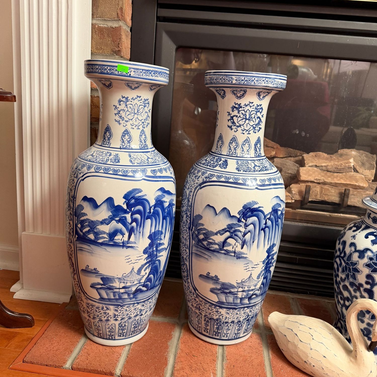 Lot #131, pair of blue and white floor vases, landscape and birds, 24 Lot #131, pair of blue and white floor vases, landscape and birds, 24"
