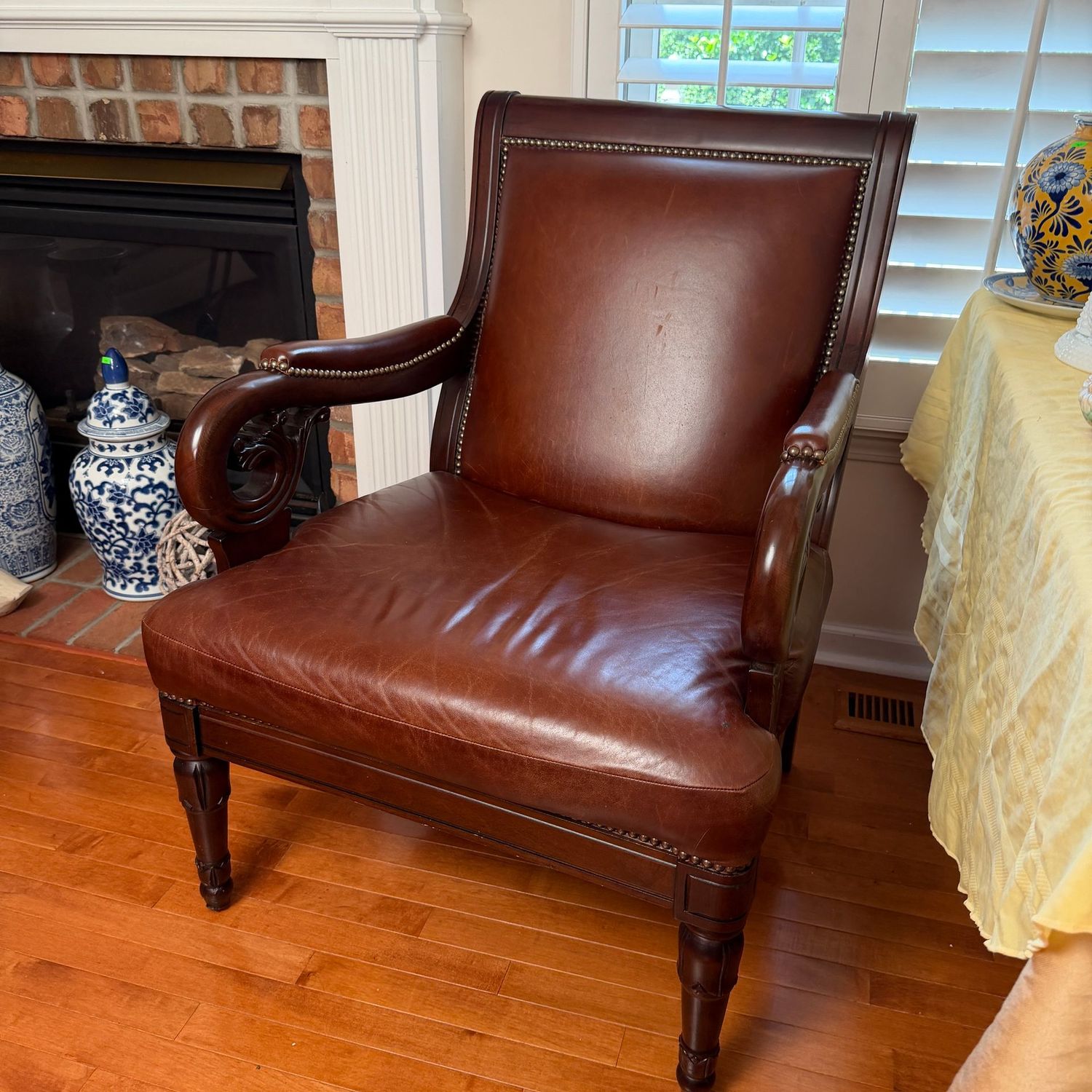 Leather library chair, mild wear to seat, 39 Leather library chair, mild wear to seat, 39"H x 29"W x 26"D