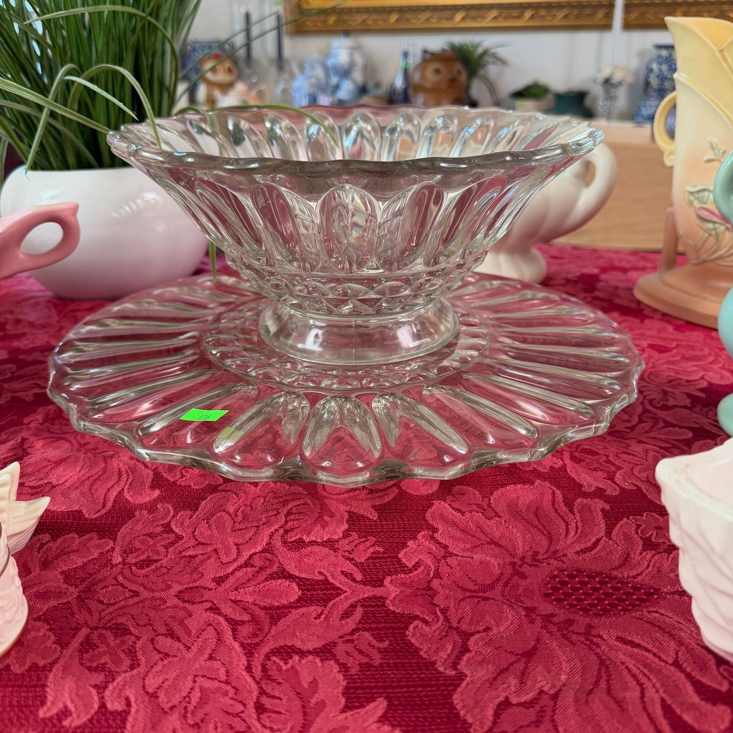 Lot #176, beautiful pressed glass centerpiece punch bowl and 13.5 Lot #176, beautiful pressed glass centerpiece punch bowl and 13.5" platter