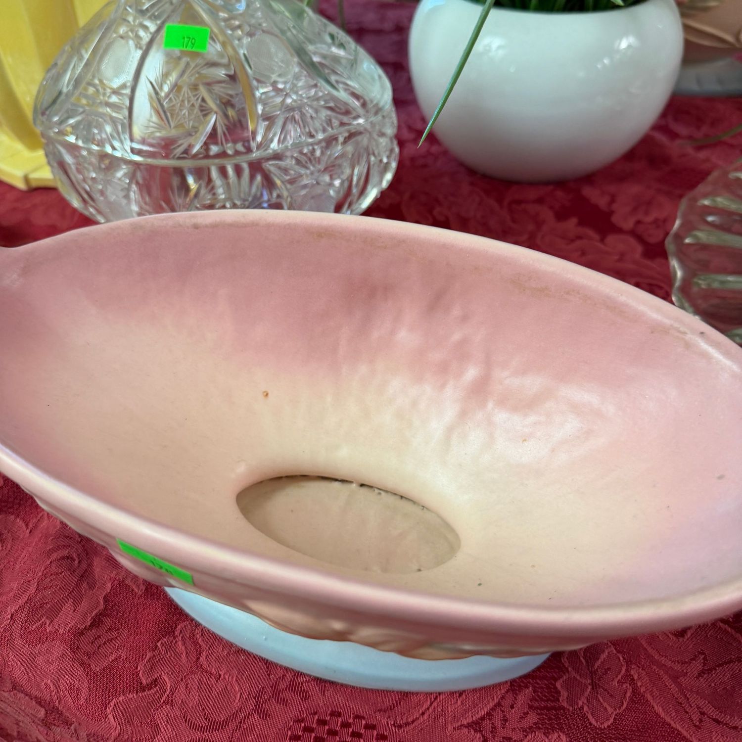Lot #178, Hull pottery double-handle magnolia centerpiece, 12.5" (14" with handles)