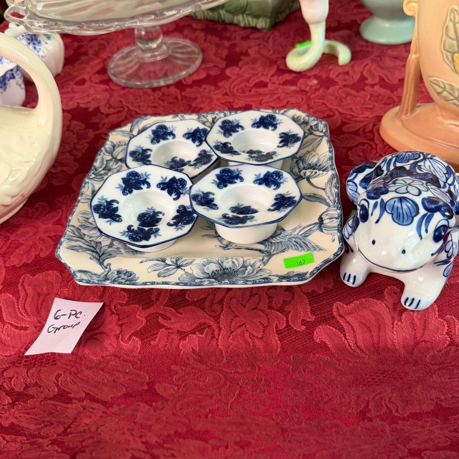 Lot #167, 6-piece group of blue and white ceramic 7 Lot #167, 6-piece group of blue and white ceramic 7" plate, candle holders and frog