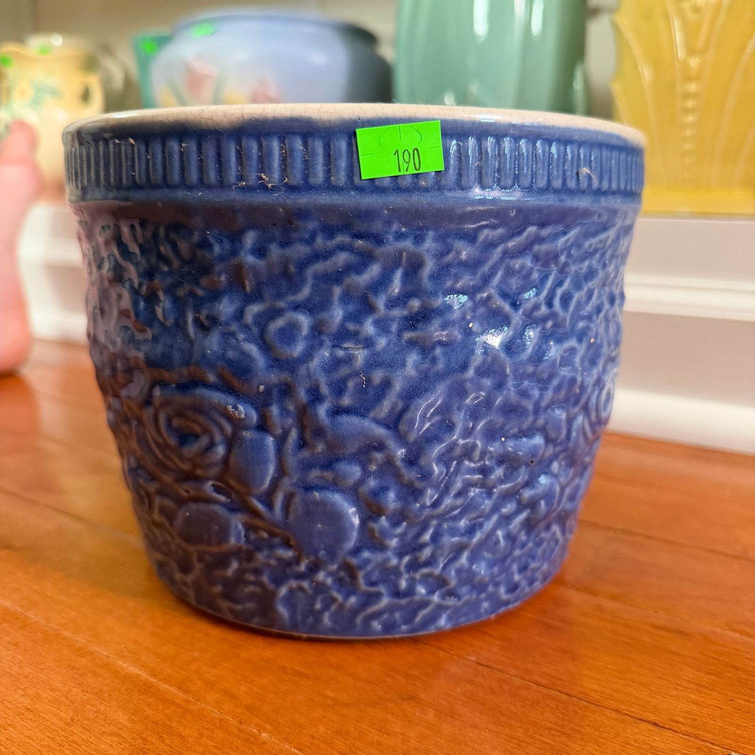 Lot #190, embossed rose, blue pottery planter, 6 Lot #190, embossed rose, blue pottery planter, 6"H