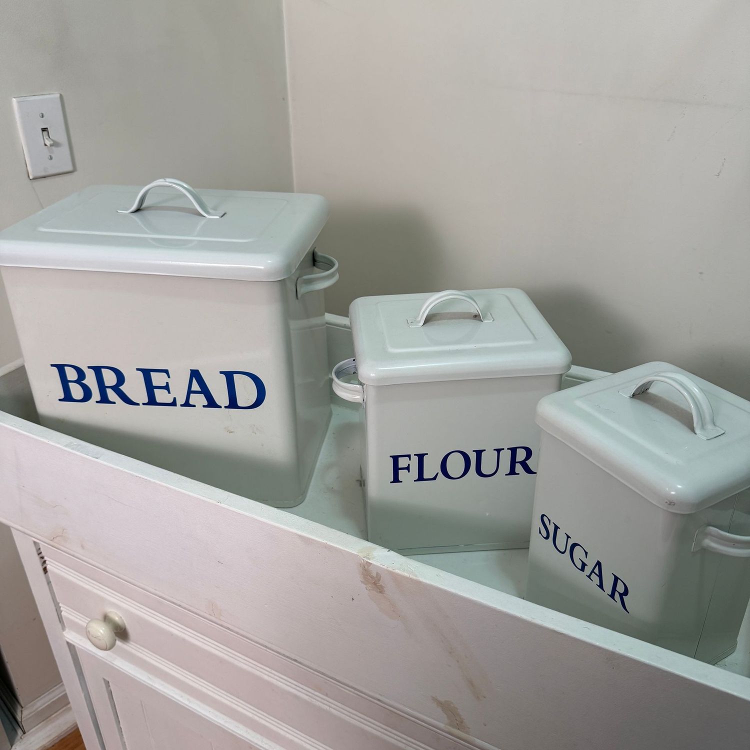 Large, heavy-duty, enamel canister boxes, sugar, flour, and bread (12"H x 11"W )