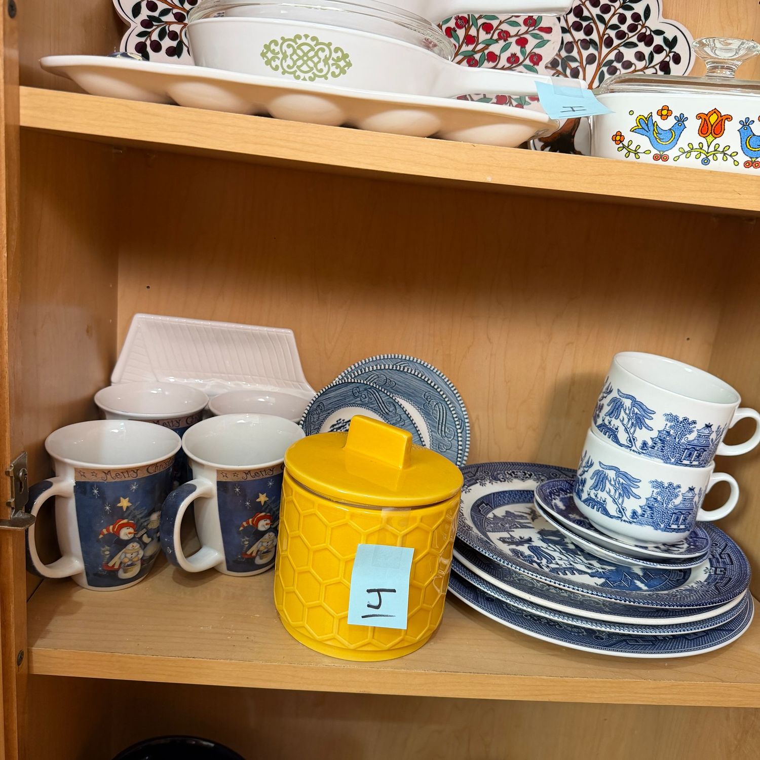 Kitchenware Lot J, snowman coffee cups, yellow canister, blue willow china Kitchenware Lot J, snowman coffee cups, yellow canister, blue willow china