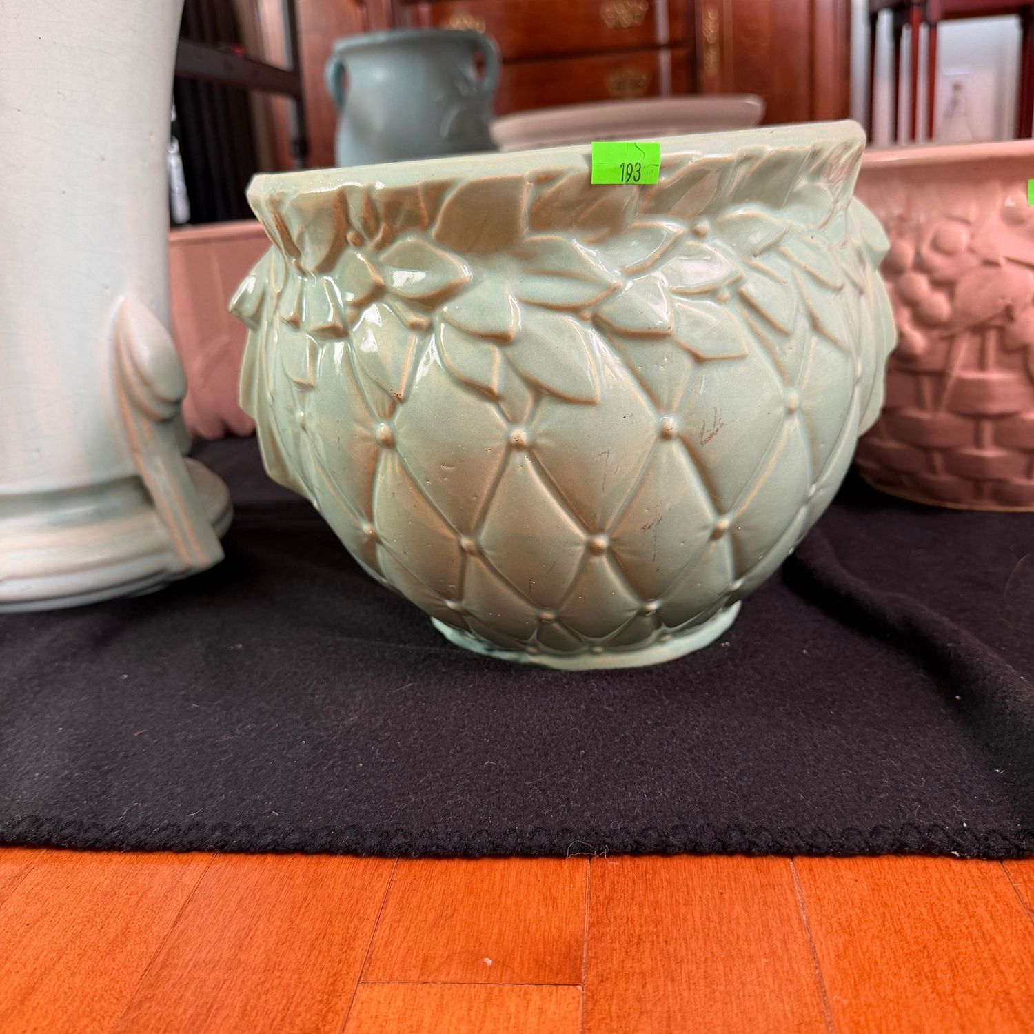 Lot #193, McCoy pottery green quilted jardiniere, 6.5 Lot #193, McCoy pottery green quilted jardiniere, 6.5"H x 7.5"W